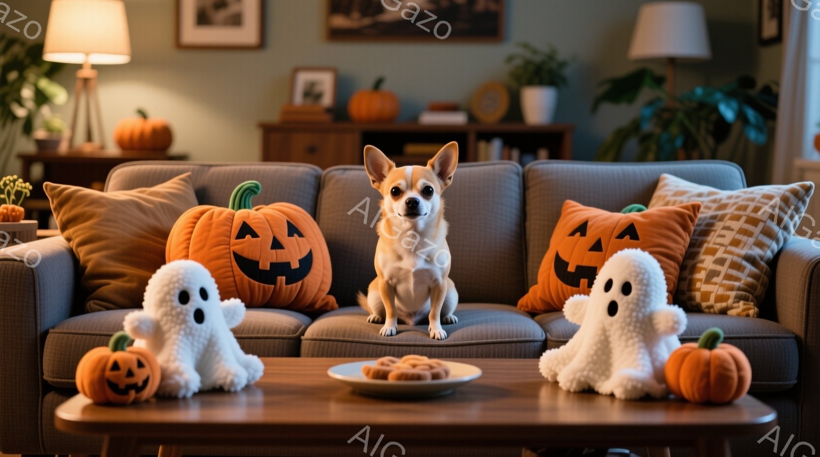 茶色の小型犬が、ハロウィーンをテーマにした装飾が施されたリビングルームのソファに座っています。ソファには、ジャック・オー・ランタンの模様が描かれたオレンジ色のクッションと、白い幽霊のぬいぐるみが置かれ、テーブルの上にはハロウィーン風のクッキーが並んでいます。全体的に暖かく、遊び心のある、ハロウィーンの雰囲気が漂う、居心地の良い空間です。