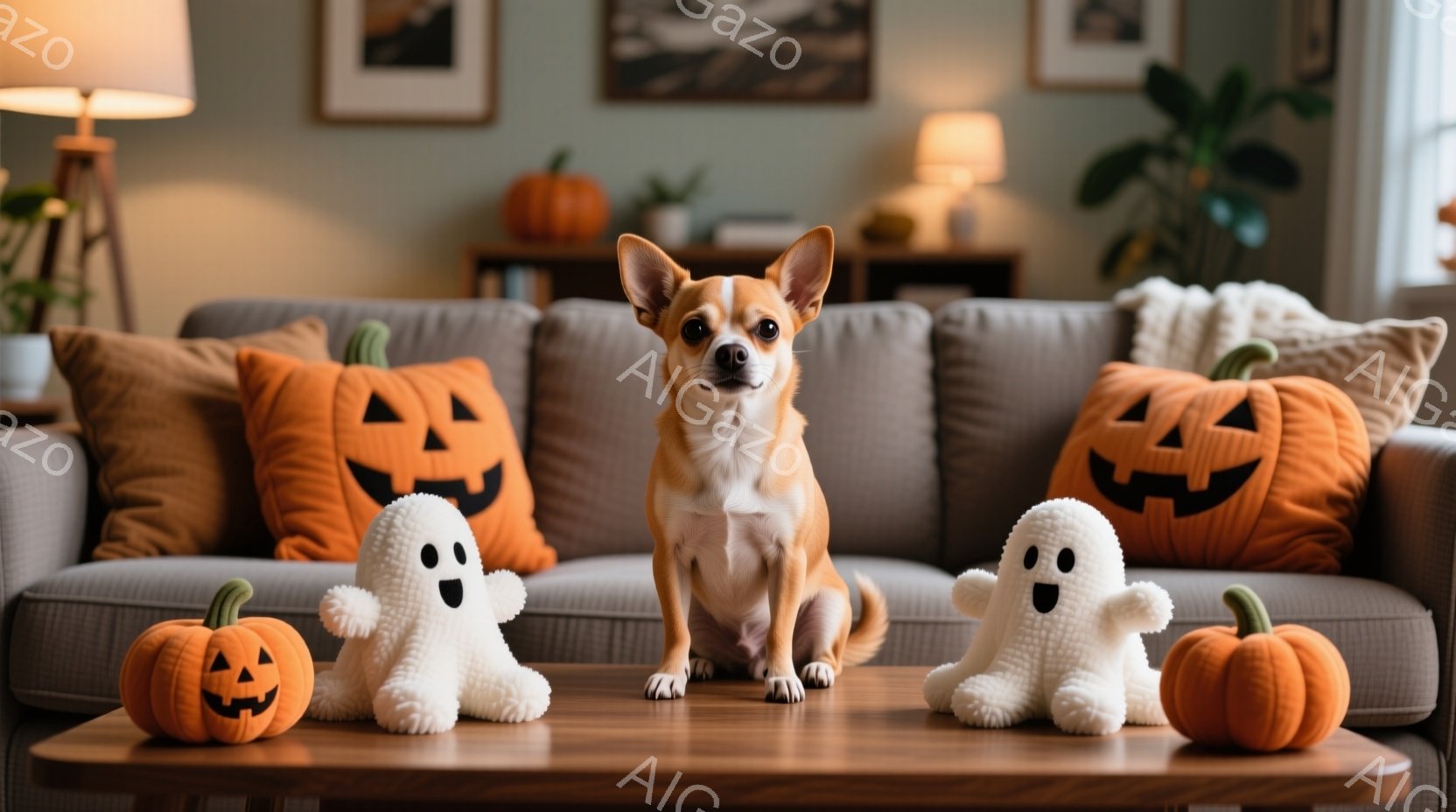 明るいリビングルームで、オレンジ色のチワワがテーブルの上に座って正面を見ています。背景には、ハロウィーンを意識したカボチャのクッションとぬいぐるみ、そして植物が飾られており、温かくて季節感のある雰囲気 - AI生成フリー素材
