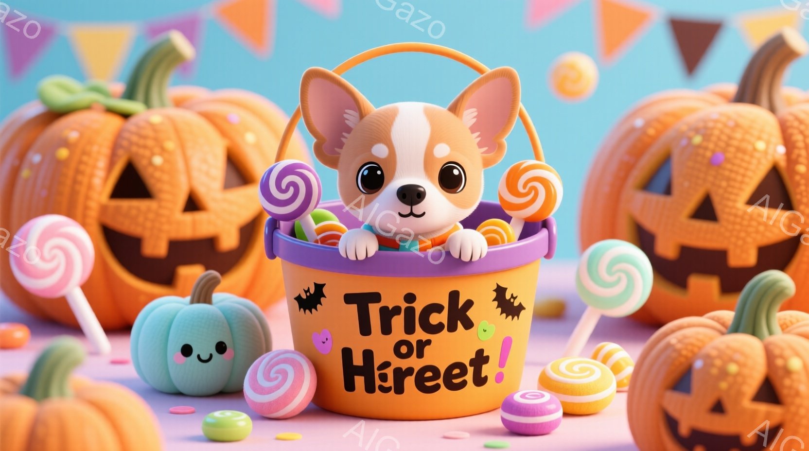 鮮やかなオレンジ色の背景に、ハロウィーンの飾り付けが散りばめられています。小さな柴犬が、カラフルなキャンディーで満たされたバケツから顔を覗かせており、愛らしい表情をしています。バケツには「トリック・オ - AI生成フリー素材
