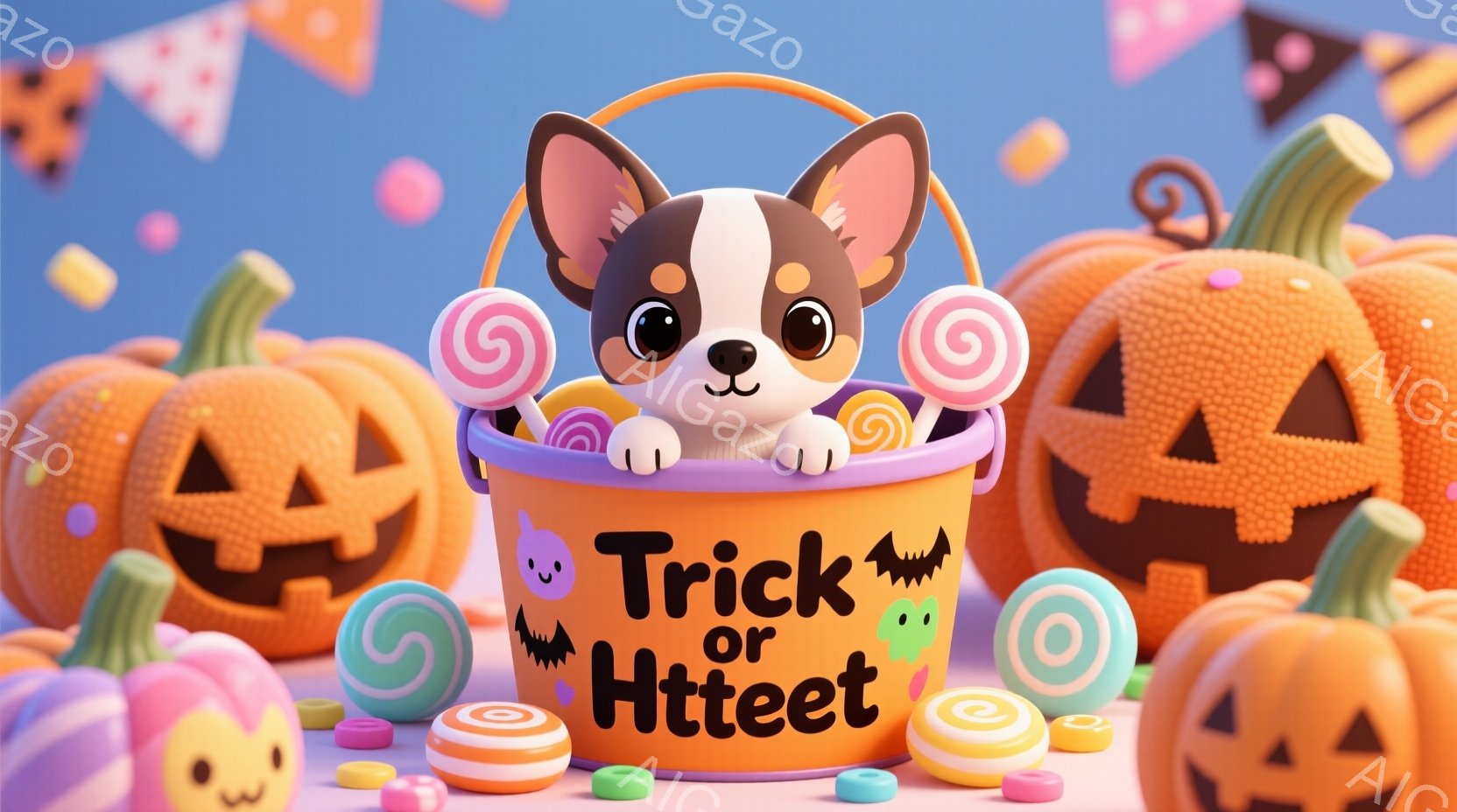 オレンジ色のハロウィーンのバケツの中に、小さな茶色と白のチワワが可愛らしく座っています。周囲には、カラフルなキャンディーや、ジャック・オー・ランタンが配置され、お祝いの雰囲気が漂っています。全体的に明 - AI生成フリー素材