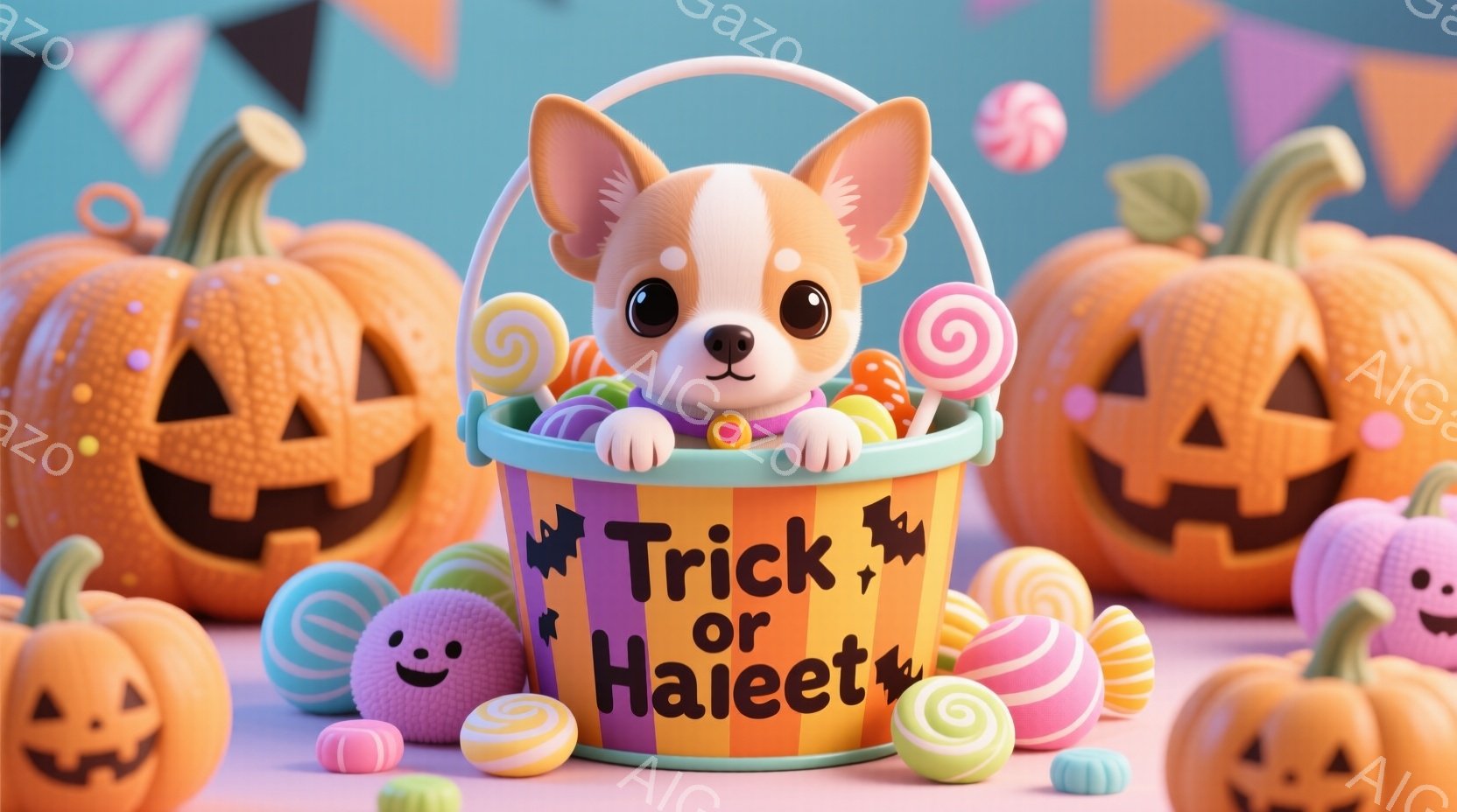 オレンジ色のハロウィーンのバケツの中に、小さな茶色のチワワが座っています。周りには、カラフルなキャンディーや小さなカボチャが散りばめられており、背景にはオレンジ色のジャック・オー・ランタンが並んでいま - AI生成フリー素材