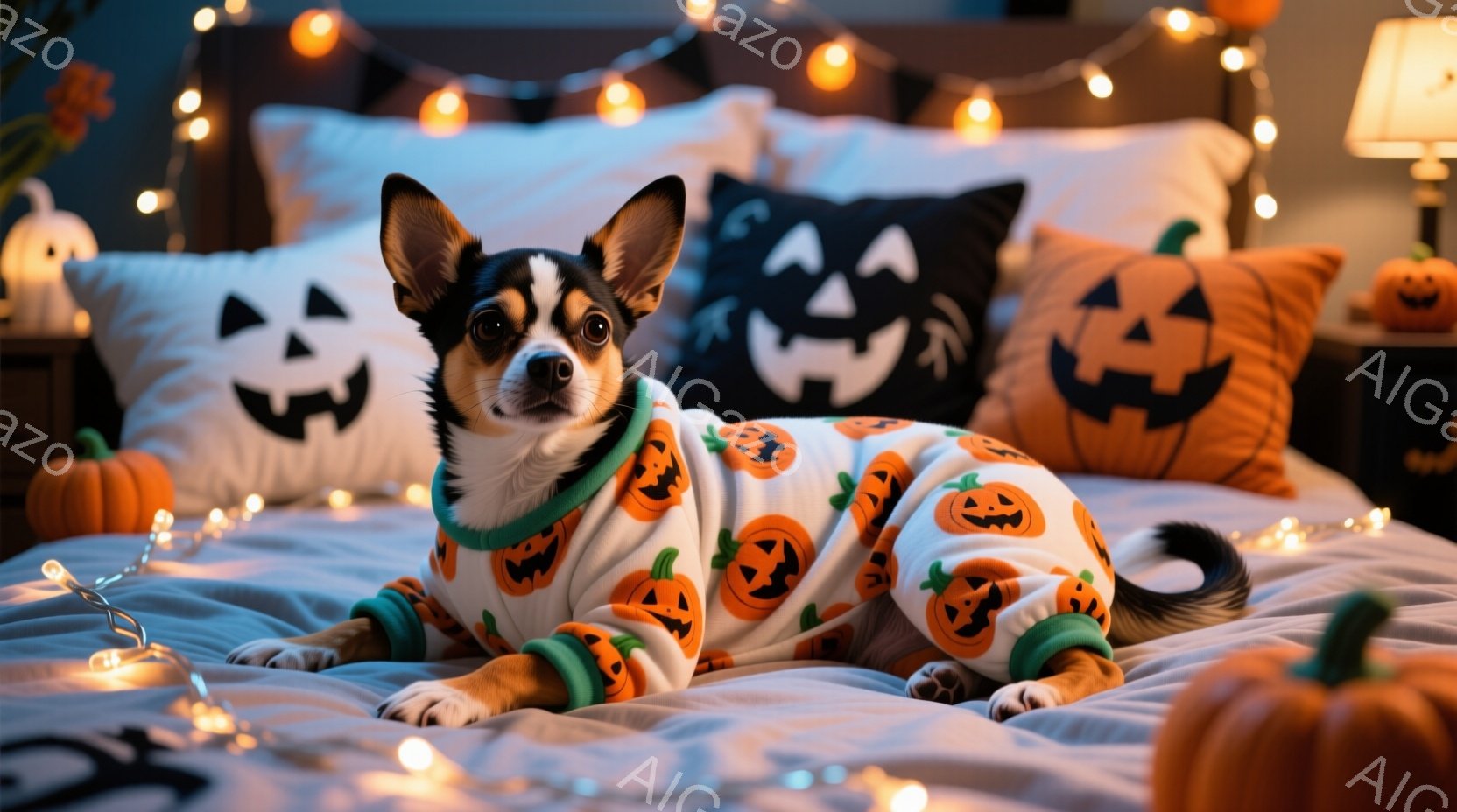 白と茶色の小さな犬が、かぼちゃ柄のオレンジと黒のパジャマを着てベッドに横たわっています。犬はリラックスした表情で、前足を伸ばしてくつろいでいます。背景には、ハロウィーンをテーマにしたかぼちゃのクッショ - AI生成フリー素材