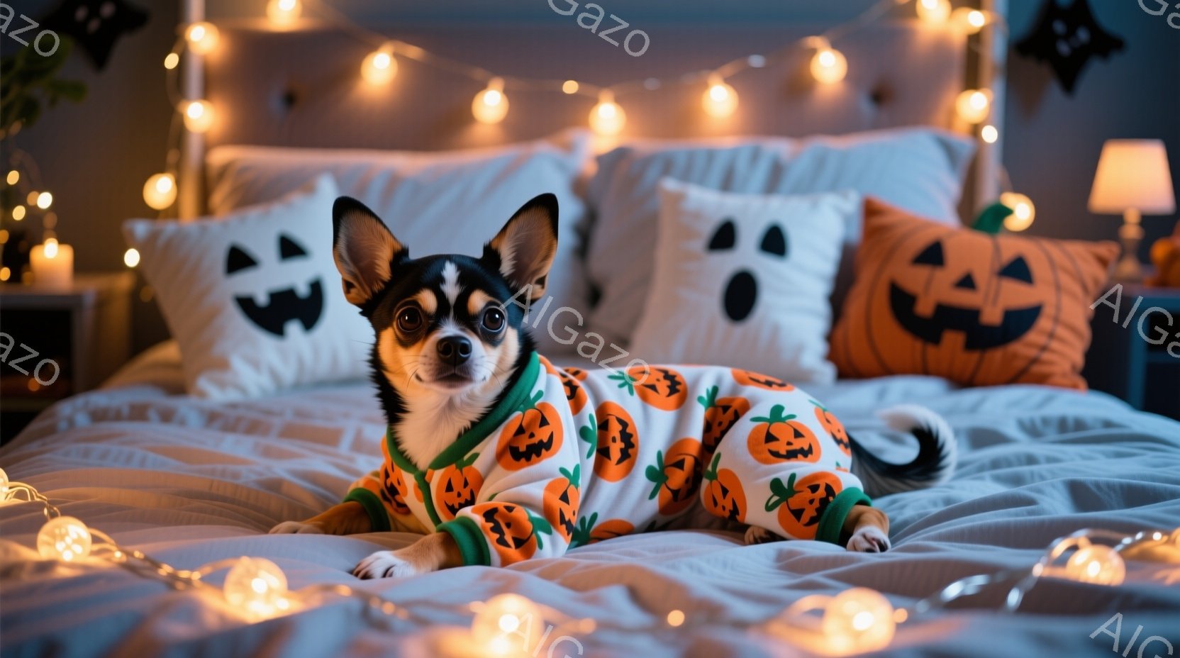 黒と白の毛並みの小型犬が、ハロウィーン柄のセーターを着てベッドに横たわっています。犬はリラックスした表情で、カメラの方を少し見つめています。背景にはハロウィーンの飾り付けが施されたベッド、そして温かみのあるオレンジ色の照明が散りばめられており、全体的に温かくお祝いムードに満ちた雰囲気です。