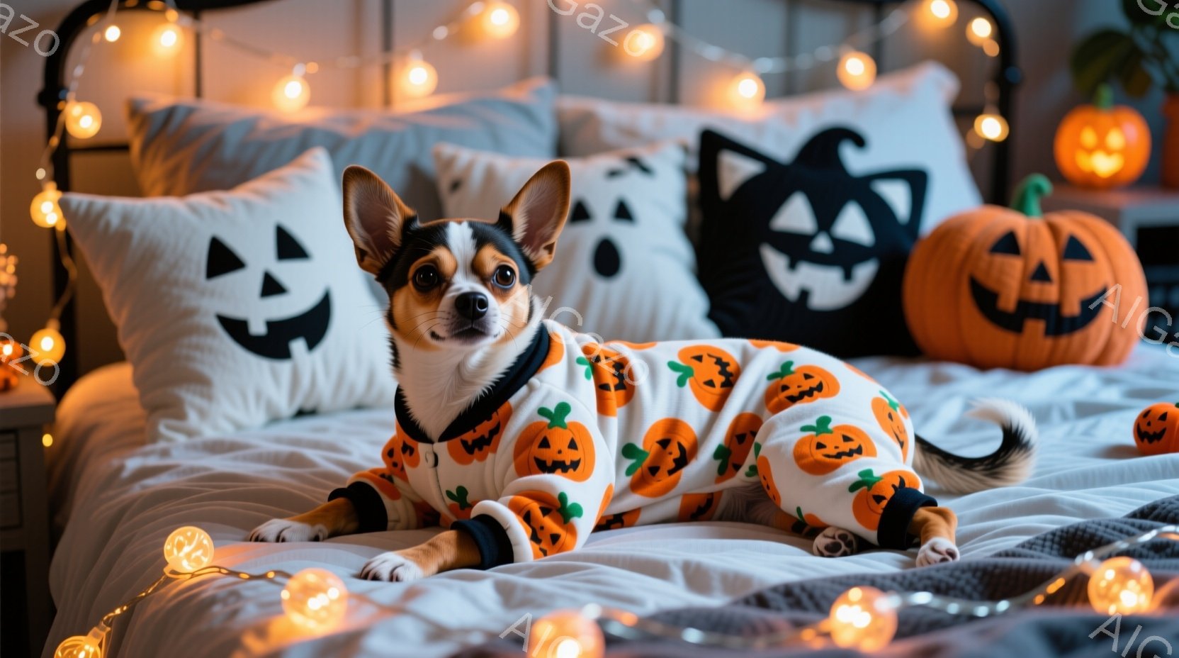 ベッドの上に、ハロウィーン柄のパジャマを着た小さな犬が横たわっています。犬は前足を伸ばし、リラックスした表情でカメラを見つめています。背景には、ハロウィーンの装飾であるカボチャのクッションや、オレンジ - AI生成フリー素材