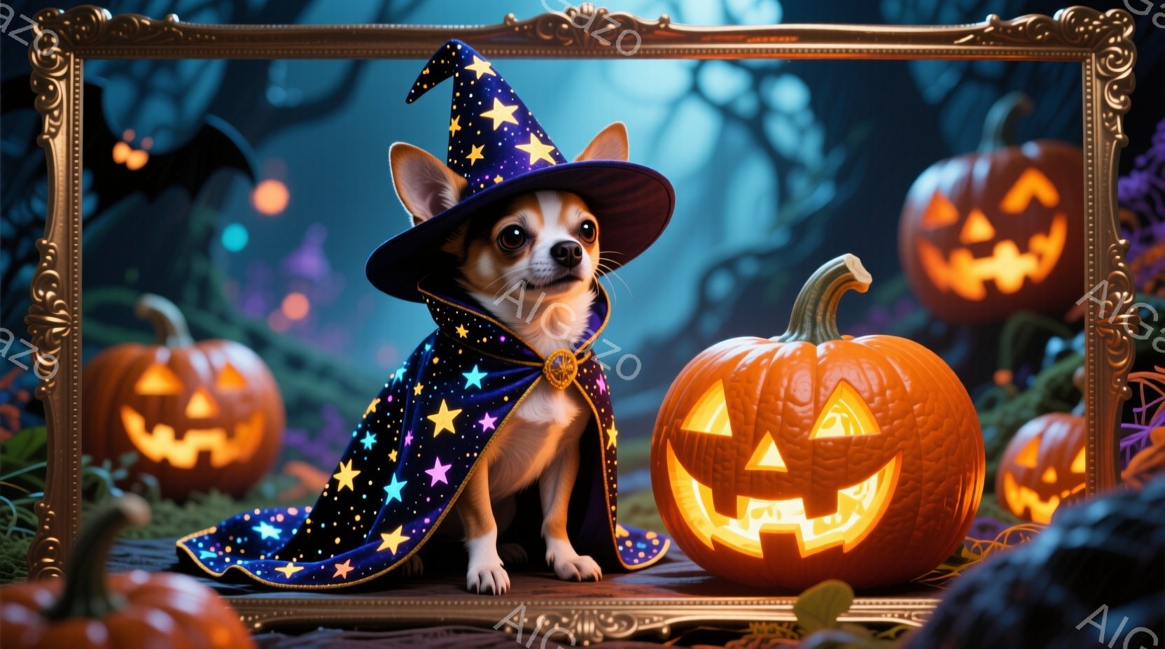 小さなチワワが、星柄のケープと魔女帽子を身に着け、ハロウィーンの装いで座っています。背景には、様々な表情で光るジャック・オー・ランタンが置かれ、緑色の植物が生い茂る暗い森が広がっています。全体的に、幻 - AI生成フリー素材