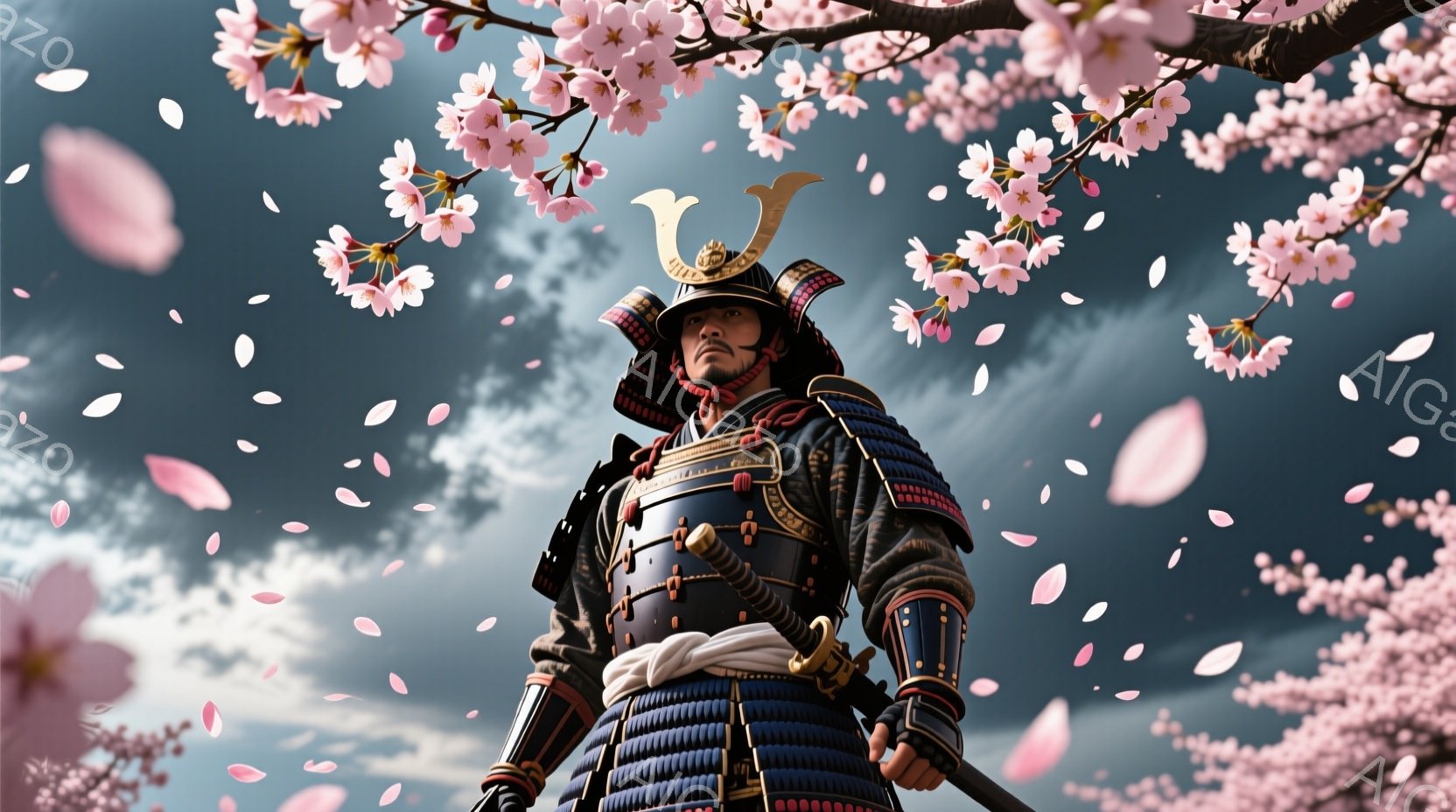 兜を被り、精巧な鎧を身に着けた武者が、桜吹雪の中に立っている。顔は厳しく引き締まり、決意に満ちた表情で、手には刀を携えている。背景には、満開の桜が咲き乱れる木々と、曇り空が広がり、武者の威厳と春の儚さを感じさせる。
