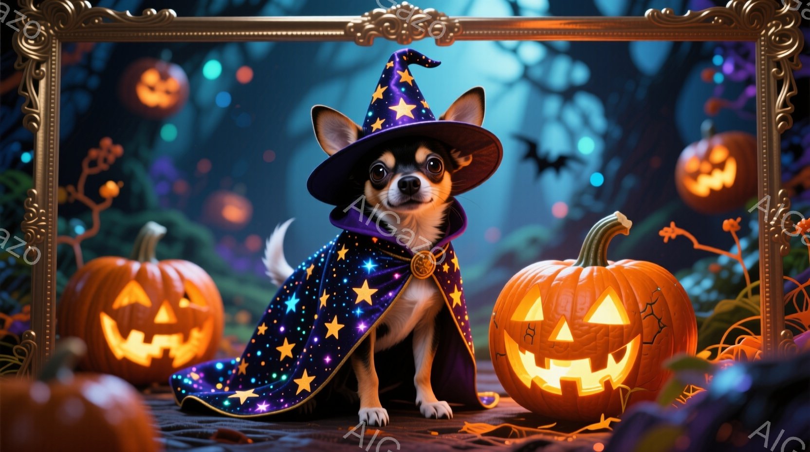 小さなチワワが、星が散りばめられた黒い魔法使いのローブと先のとがった帽子を身に着けて座っています。明るく照らされたジャック・オー・ランタンが犬の周りに配置され、背景にはシルエットの木々と空中に浮かぶ光 - AI生成フリー素材