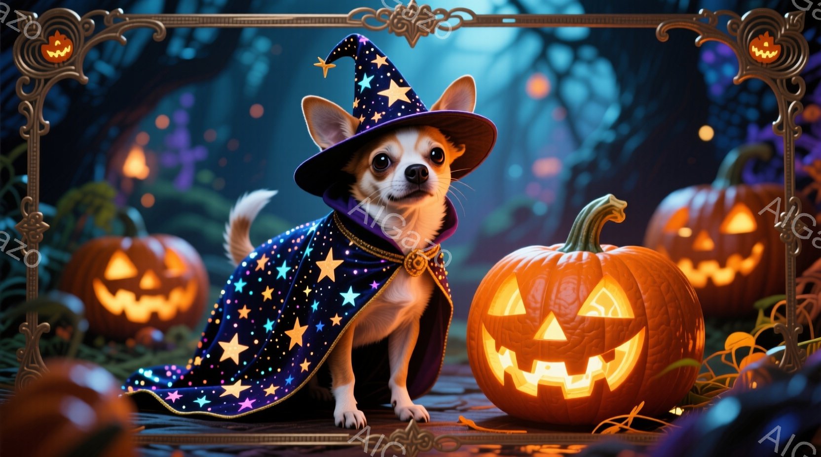 小さなチワワが、星柄のローブと魔女帽子を身につけて座っています。その表情は少し自信なさげですが、ハロウィーンの雰囲気に合わせた可愛らしい姿をしています。背景には、明るく光るハロウィーンカボチャが散りばめられ、暗い森の中の神秘的な雰囲気を醸し出しています。