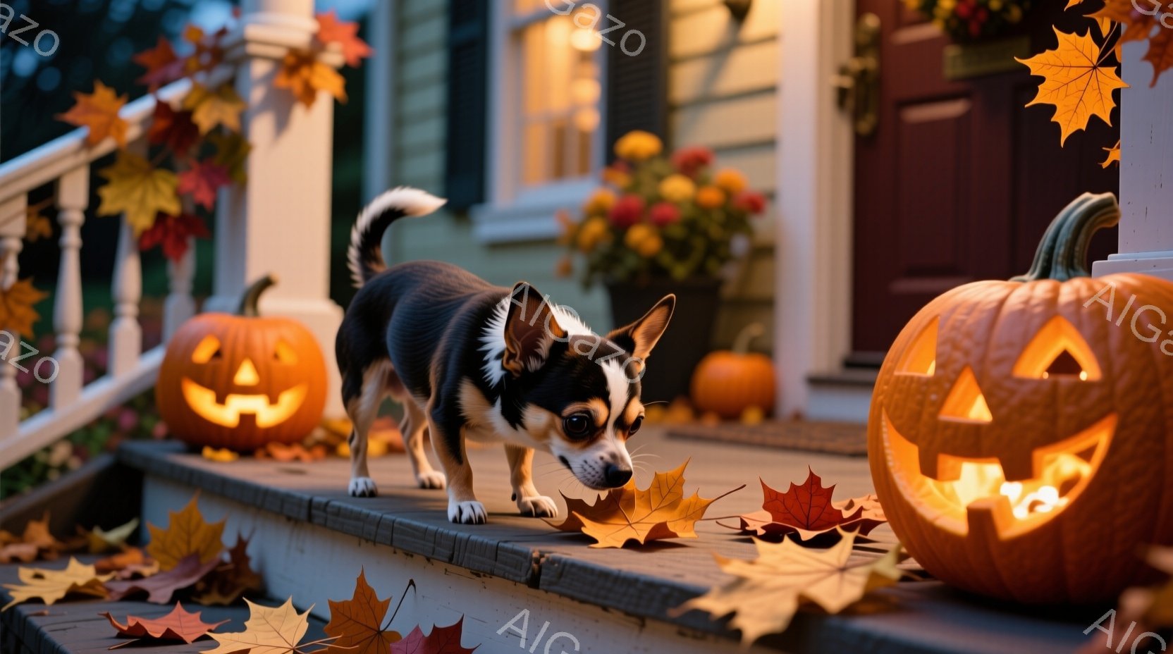 ハロウィンの装飾が施された家の階段に、小さなチワワがいます。鮮やかなオレンジ色のカボチャのランタンが両側に置かれ、地面には紅葉の葉が散らばっています。犬は鼻を地面に近づけ、何かを嗅ぎ探しているような様子で、暖かく穏やかな秋の雰囲気が漂っています。