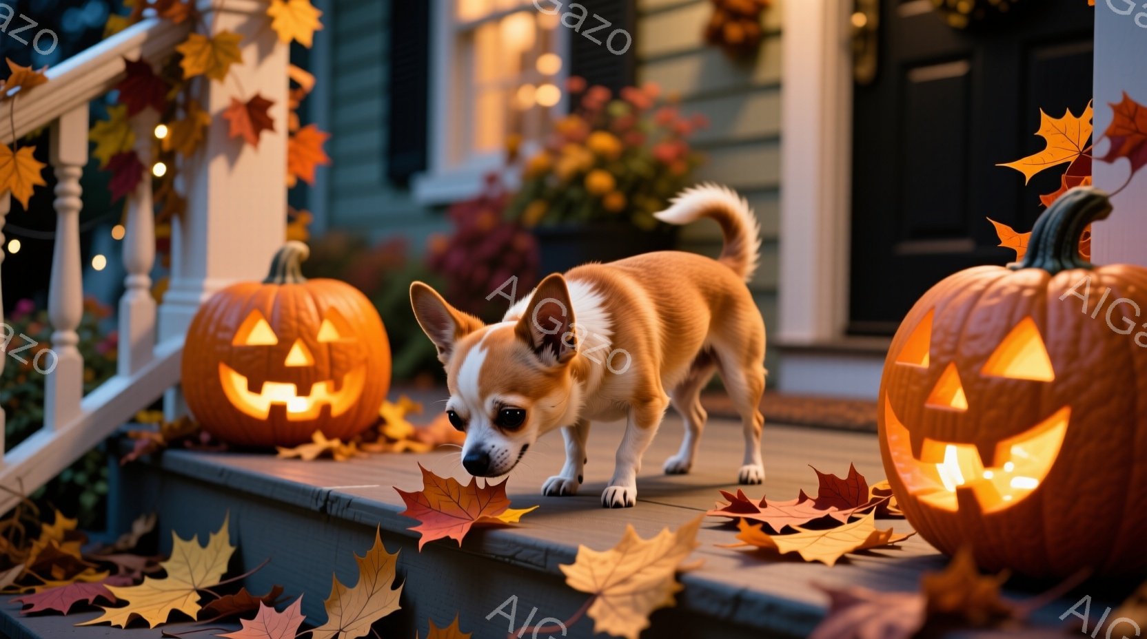 チワワが家の階段で落ち葉を嗅ぎながら歩いている様子が写っている。背景にはハロウィーンの装飾であるジャック・オー・ランタンと、秋らしい色合いの落ち葉が散らばっており、温かく、お祝いムードが漂う。家の玄関 - AI生成フリー素材