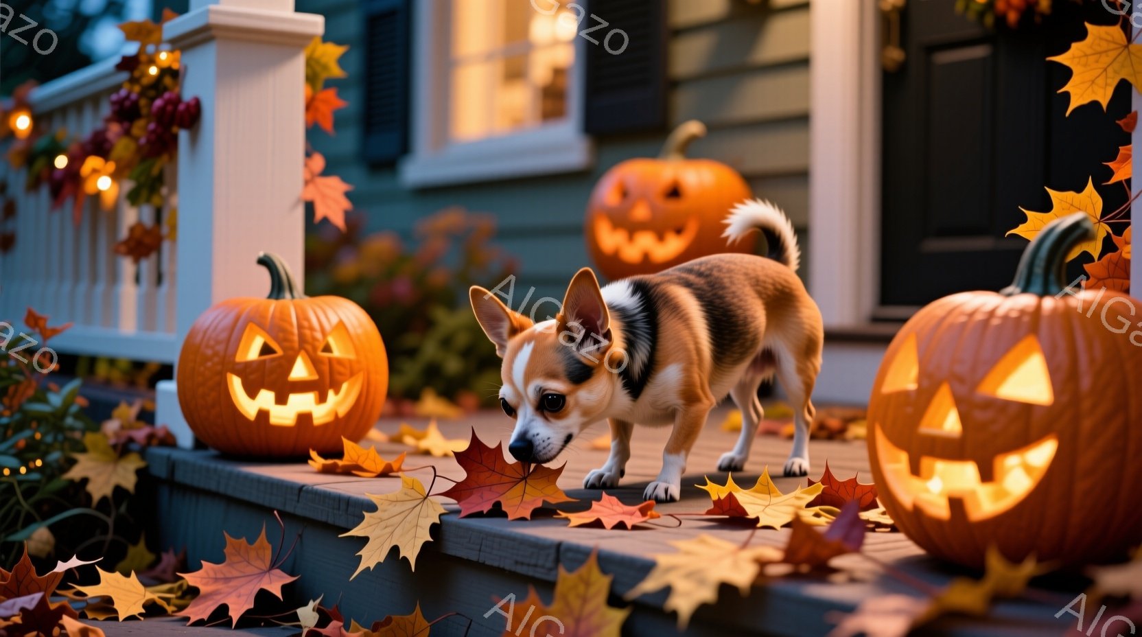 ハロウィンの装飾が施された家の階段に、茶色と白のチワワが立っている。周りには散った紅葉が敷き詰められ、階段の側にはジャック・オー・ランタンが並べられている。暖色の照明が家を照らし、秋の穏やかな祝祭の雰 - AI生成フリー素材