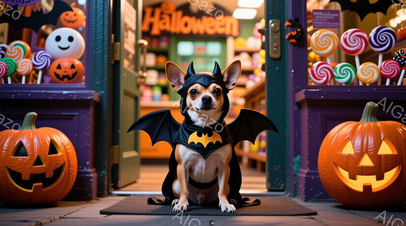 小さなチワワがハロウィーンの蝙蝠のコスチュームを着て、店の入り口に座っています。オレンジ色のジャック・オ・ランタンが左右に配置され、背景にはお菓子やハロウィーンの装飾が飾られた店内に広がり、お祝いの雰囲気が漂っています。暖色系の照明と装飾が、楽しげで可愛らしいハロウィーンの雰囲気を演出しています。