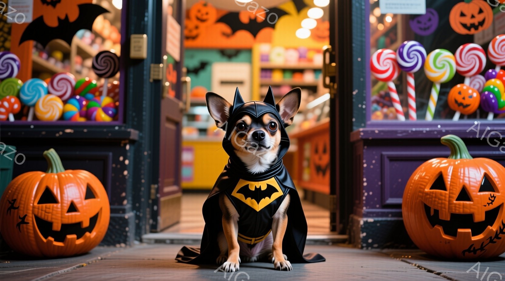 小さなチワワが、バットマンのコスチュームを着て、お店の入り口に座っています。ハロウィーンの飾り付けがされた背景には、オレンジ色のカボチャとカラフルなキャンディーが並び、お祝いムードを演出しています。犬 - AI生成フリー素材