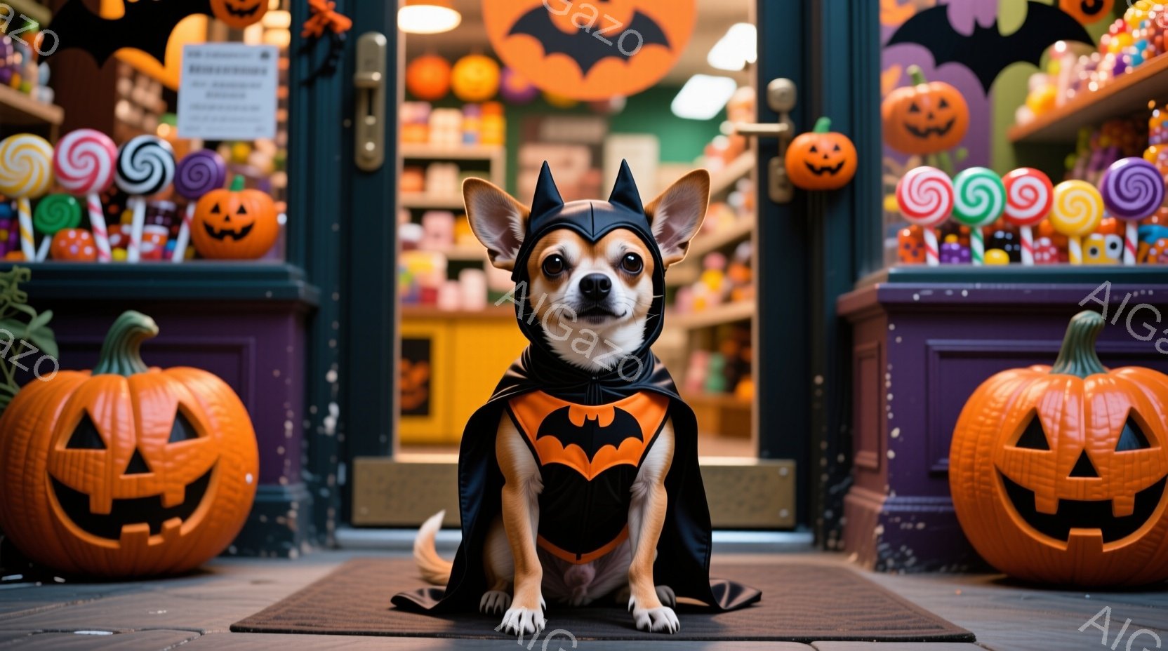 小さなチワワがハロウィーンのバットの衣装を着て、店の入り口で座っています。その表情は少し真剣で、正面を見ています。背景にはハロウィーンの飾り付けが施された店が写っており、オレンジ色のカボチャやキャンディが並んでいます。