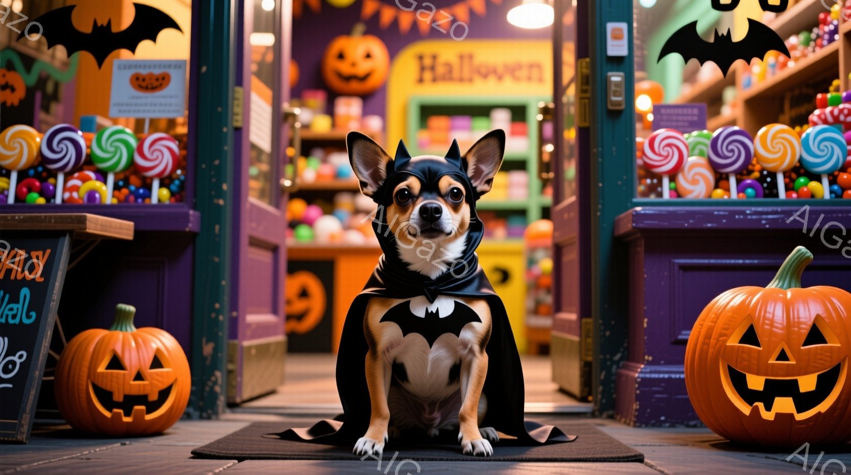 小さなチワワが、黒いバットマン風のマントと耳をつけた仮装をして、正面をまっすぐ見て座っています。背景にはハロウィーンを祝うかのように、カボチャのランタンやカラフルなキャンディが並んだお店の入り口があります。全体的に、かわいらしくて楽しいハロウィーンの雰囲気が漂っています。