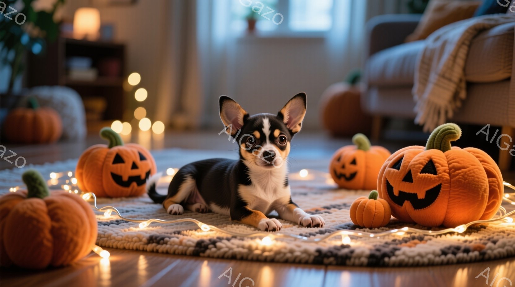 黒と白の毛並みの小型犬が、ハロウィーン風のオレンジ色のジャック・オー・ランタンのぬいぐるみたちに囲まれてカーペットの上に横たわっています。背景には、窓から差し込む光と、ぼんやりと見えるソファがあり、温かく居心地の良い雰囲気です。全体的に、秋らしい、そしてかわいらしいハロウィーンの装飾が施された部屋の様子が伺えます。