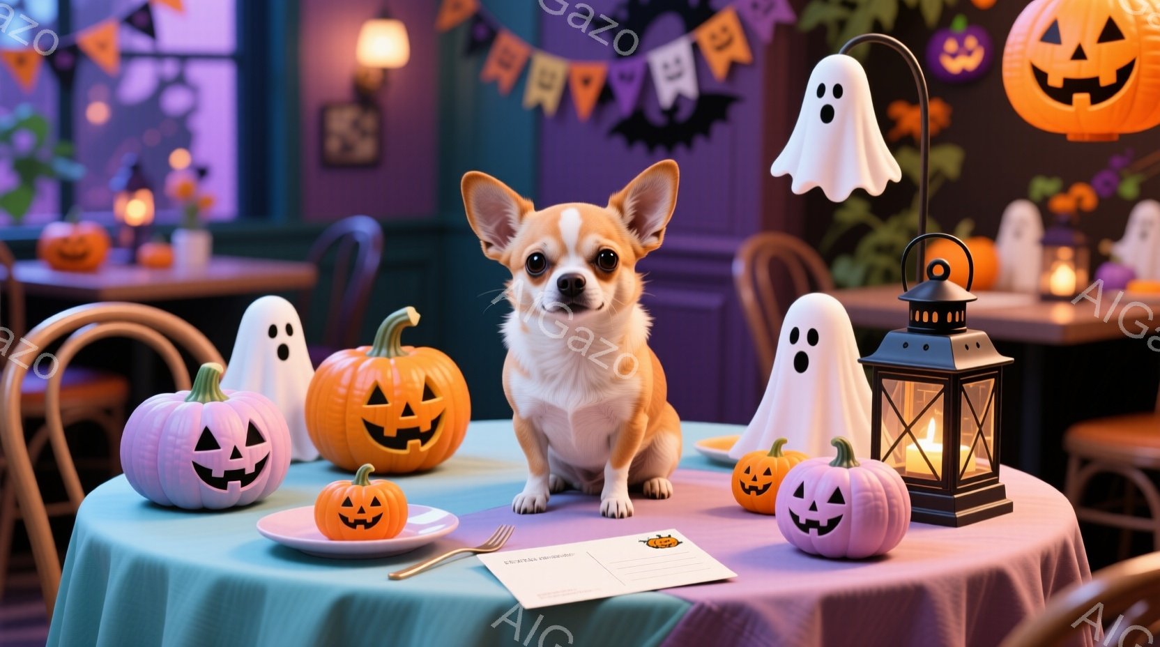 ハロウィーンをテーマにした室内で、茶色のチワワがテーブルの中央に座っています。テーブルの上には、さまざまな大きさのジャック・オー・ランタンと可愛らしいお化けが飾られ、ハロウィーンらしい雰囲気を醸し出しています。背景には、ハロウィーンのガーランドや光るカボチャが飾られた、お祝いムード満点の空間が広がっています。