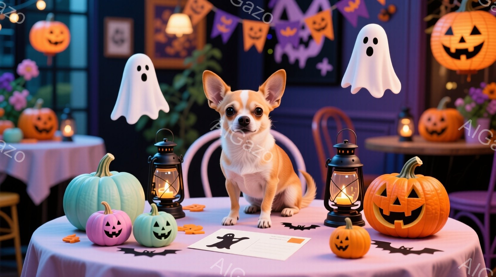 明るい紫色のテーブルの上に、小さな茶色のチワワが座っています。ハロウィーンの飾り付けが周囲に散りばめられており、カボチャ、ランタン、幽霊の飾り、コウモリの切り抜きがあります。全体的に、ハロウィーンの楽 - AI生成フリー素材