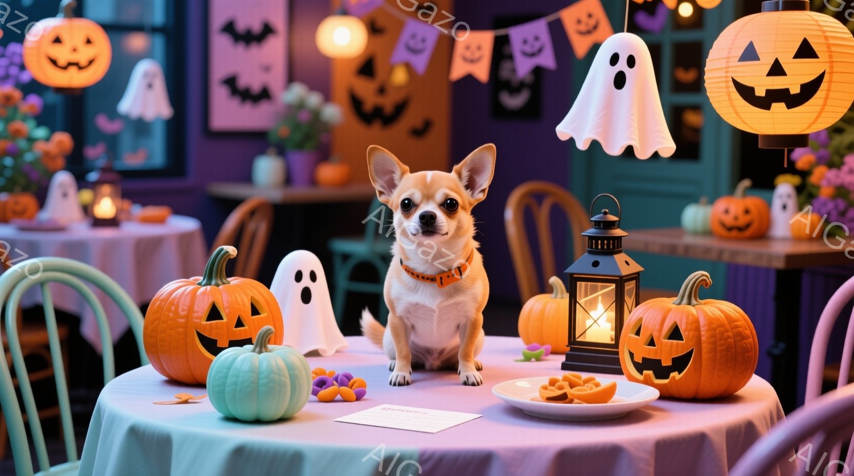 小さなチワワが、ハロウィーンの装飾がされたテーブルの真ん中に座っています。オレンジ色の首輪をつけ、まっすぐ前を見て、少し緊張した表情をしています。背景には、カボチャのランタン、お化けの飾り、紫色のテー - AI生成フリー素材