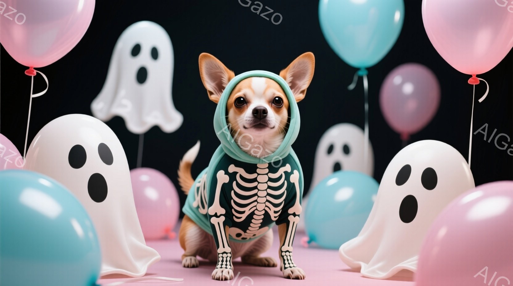 小さなチワワがハロウィーンの骸骨のコスチュームを着て座っています。背景には、パステルブルーとピンクの風船と、白い幽霊の形をした風船が浮かんでいます。全体的に、ハロウィーンらしい、遊び心のある、楽しい雰 - AI生成フリー素材