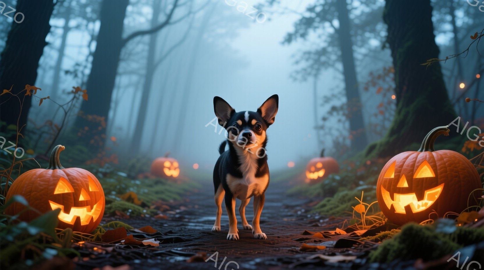 暗い森の道に、小さくて茶色と白のチワワが立っている。周囲にはジャック・オー・ランタンが並び、不気味で幻想的な雰囲気を醸し出している。背景は霧に包まれ、木々がシルエットとして浮かび上がり、ハロウィーンの - AI生成フリー素材