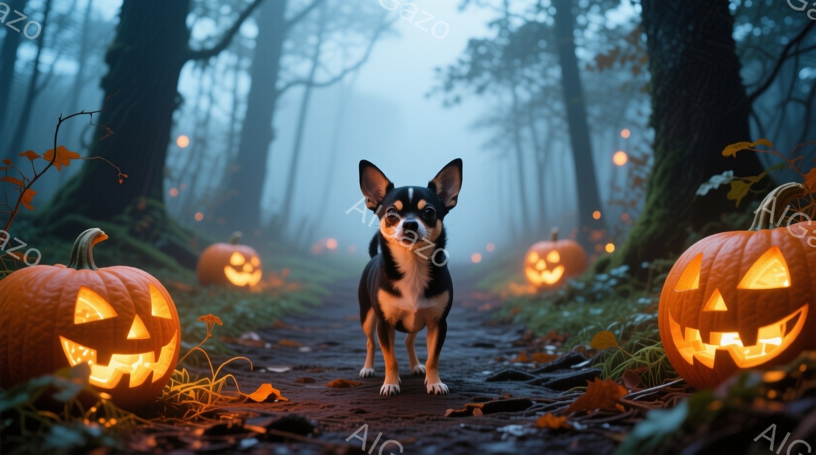 切り株や落ち葉が敷き詰められた森の小道に、小さなチワワが立っている。周囲にはジャック・オ・ランタンが置かれ、ぼんやりとした光を放ち、背景には霧が立ち込めて不気味な雰囲気を醸し出している。チワワはまっす - AI生成フリー素材