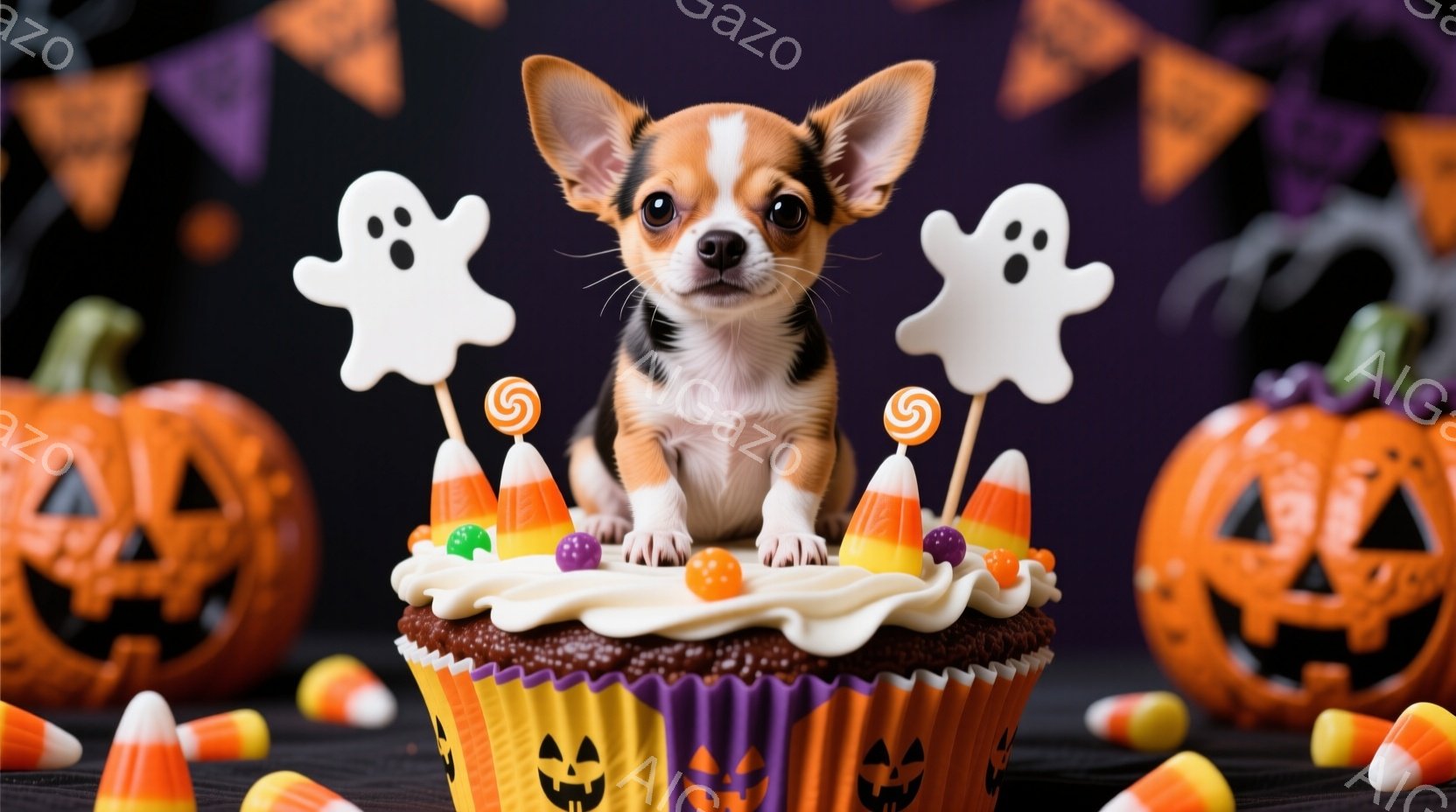 小さなチワワが、ハロウィーンをテーマにした巨大なカップケーキの上に座っています。カップケーキはオレンジと紫のストライプの包装紙で覆われ、キャンディーコーンやカラフルな丸いキャンディーで飾られています。 - AI生成フリー素材