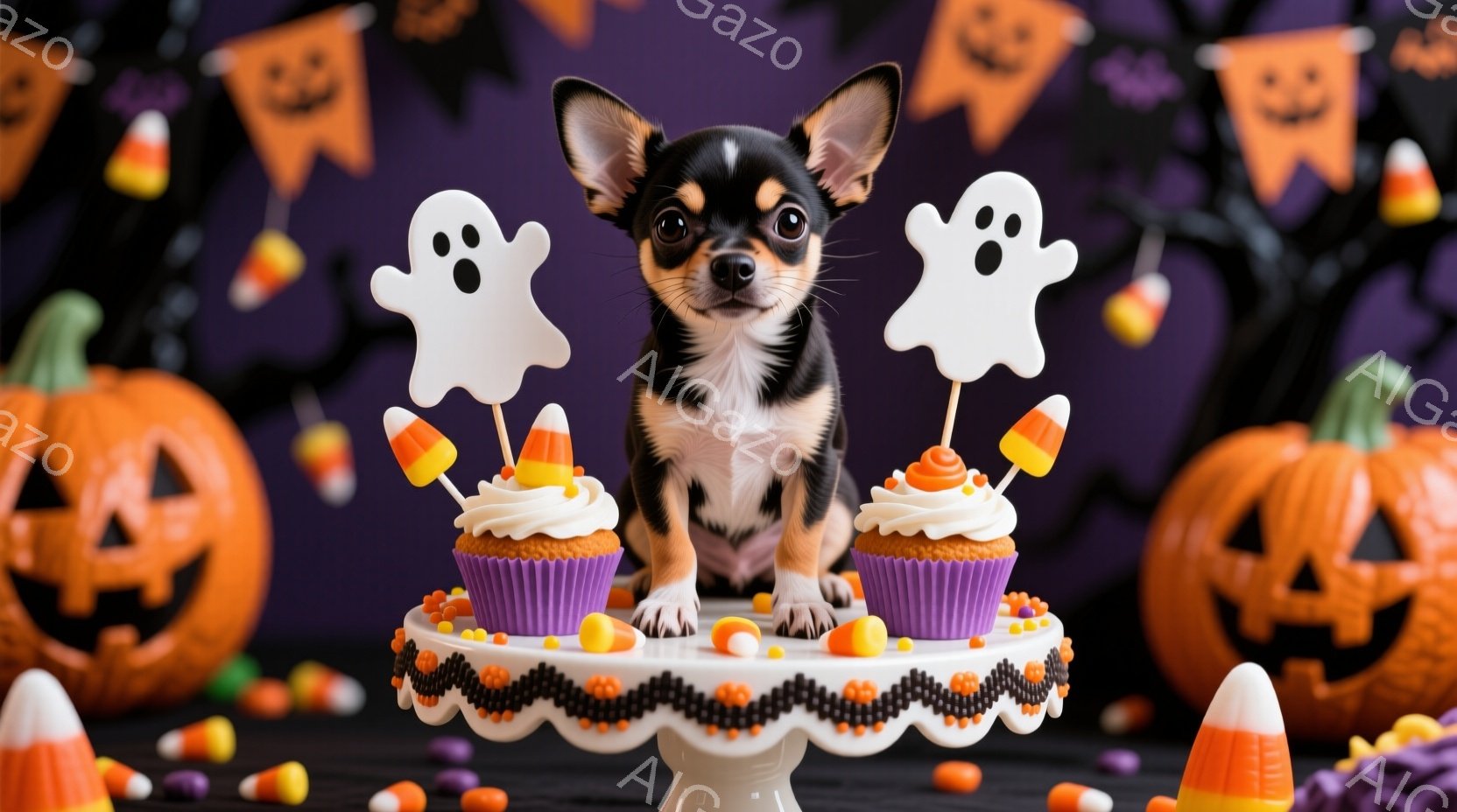 小さなチワワが、ハロウィーンをテーマにしたケーキスタンドの上に座っています。紫色のカップケーキとキャンディコーン、お化けの飾りで彩られたケーキスタンドは、オレンジと黒のストライプで縁取られています。背 - AI生成フリー素材