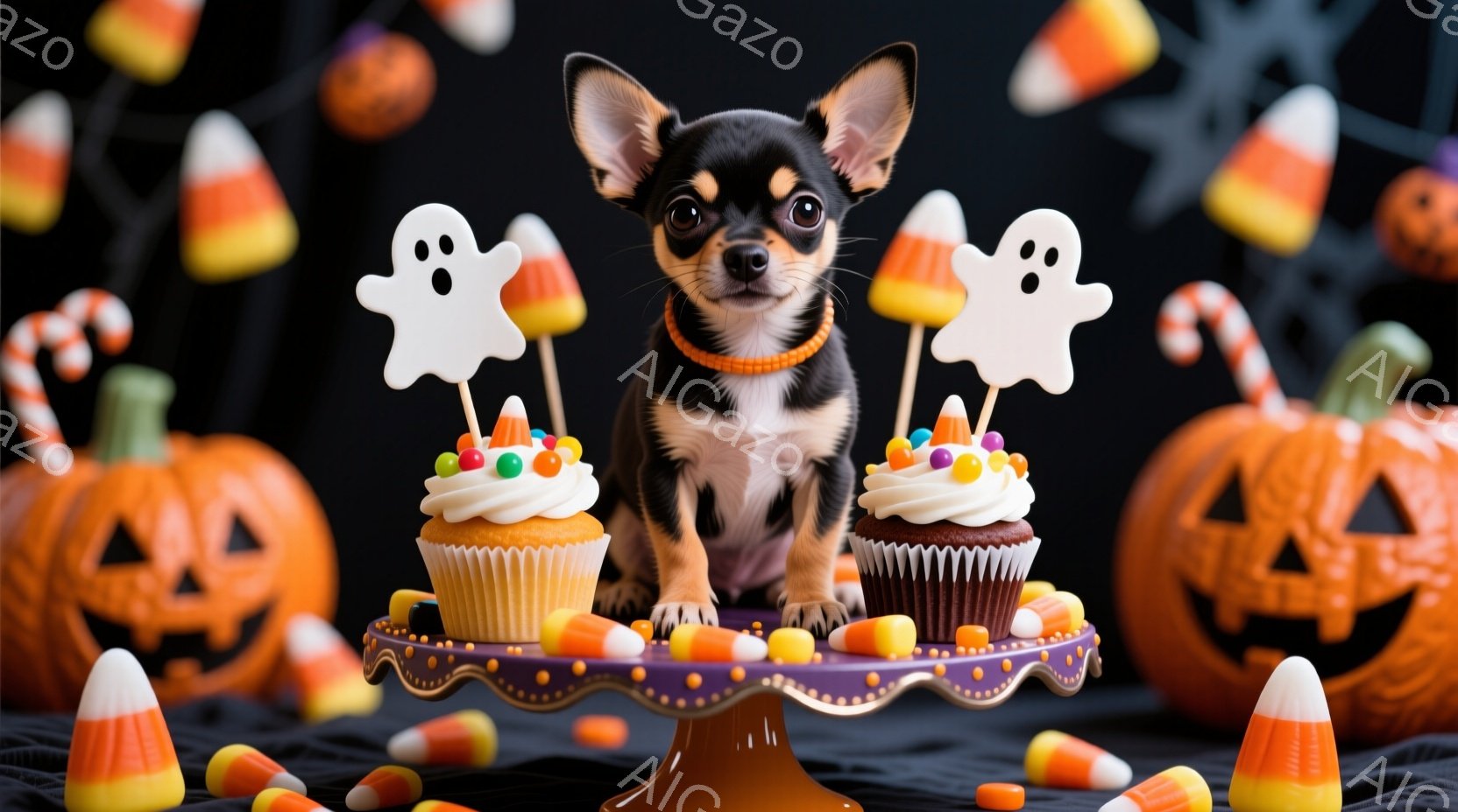 小さなチワワが、ハロウィーンをテーマにしたケーキの盛り合わせの前に座っています。紫色のケーキスタンドには、お化けの飾りが付いたカップケーキとキャンディーコーンが並べられ、犬はオレンジ色の首輪をつけて正 - AI生成フリー素材