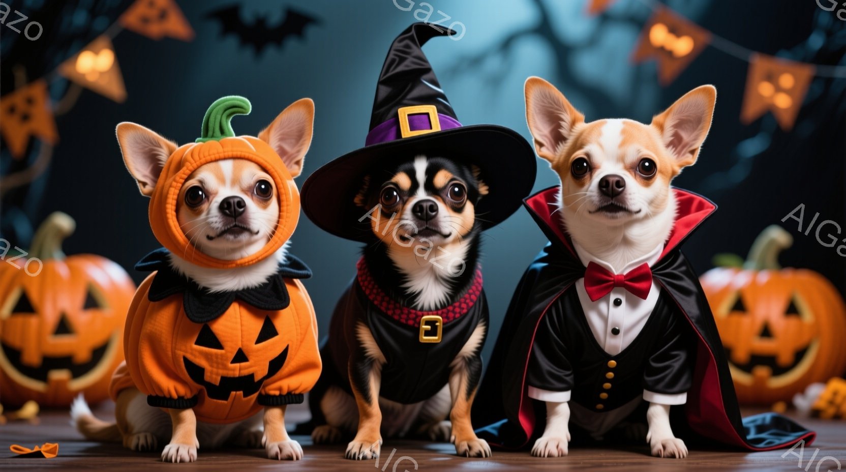 3匹のチワワがハロウィーンの衣装を着て整列しています。左の犬はジャック・オ・ランタンの衣装、中央の犬は魔女の帽子とドレス、右の犬は吸血鬼の衣装を着ています。背景にはハロウィーンの装飾、カボチャ、そして暗い木々が見え、不気味でありながら可愛らしい雰囲気を醸し出しています。