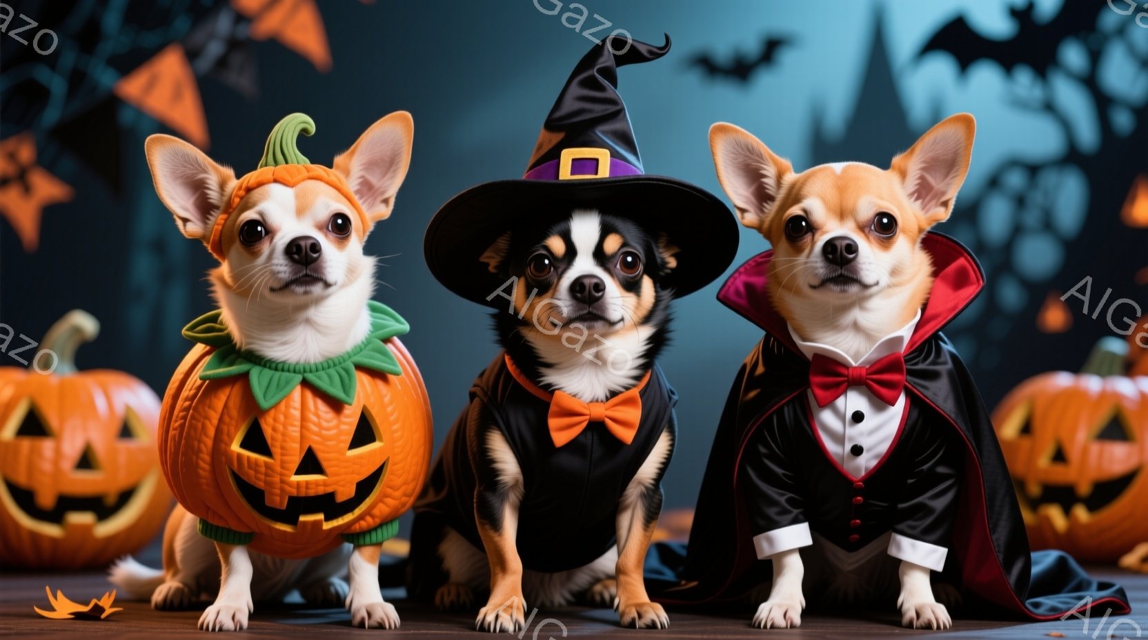 3匹のチワワがハロウィーンの衣装を着て座っています。左の犬はカボチャの衣装を着ており、中央の犬は魔女の帽子と蝶ネクタイをつけており、右の犬はドラキュラの衣装を着ています。背景にはハロウィーンの装飾やカ - AI生成フリー素材