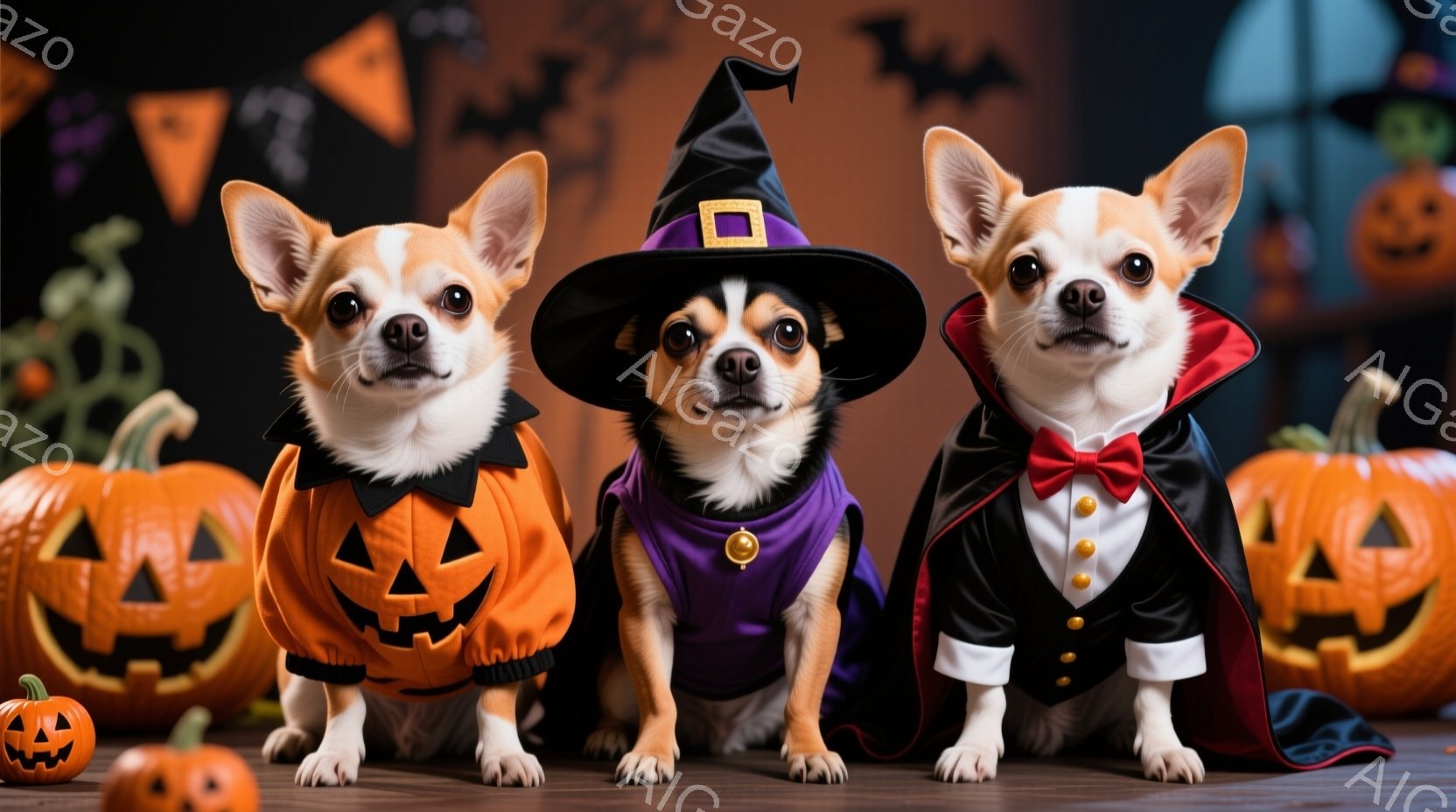 ハロウィーンの衣装を着たチワワが3匹、背景にジャック・オー・ランタンが並んでいます。左の犬はカボチャのコスチューム、中央の犬は魔女の帽子と紫色のベスト、右の犬は吸血鬼風のタキシードとマントを着用し、そ - AI生成フリー素材