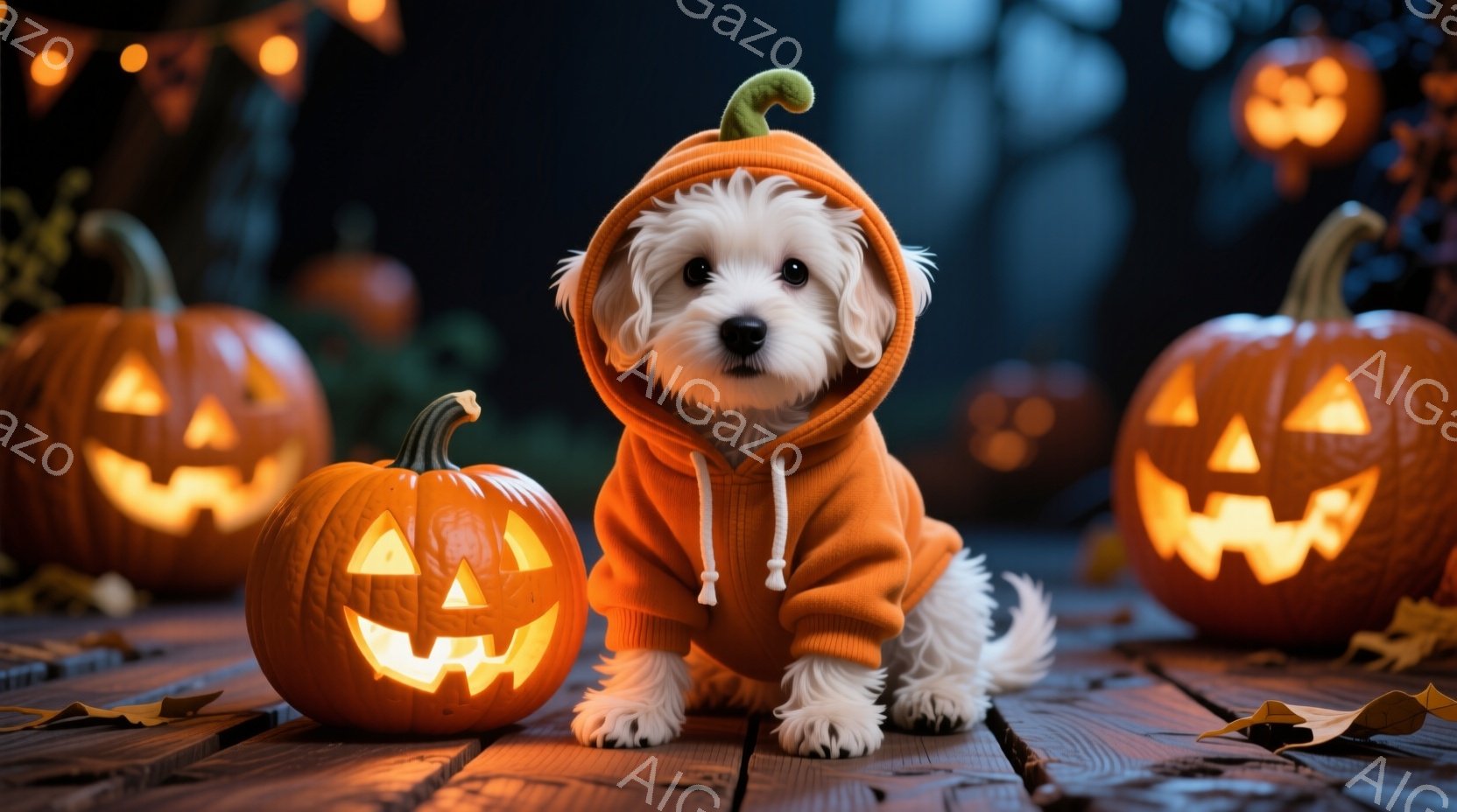 白い毛並みの小型犬が、ハロウィーンカボチャを模したオレンジ色のパーカーを着ています。犬は正面を見ており、つぶらな瞳が可愛らしい表情を見せています。背景には、同じくカボチャが灯されており、木製のテーブル上に落ち葉が散らばる、ハロウィーンらしい温かく幻想的な雰囲気です。
