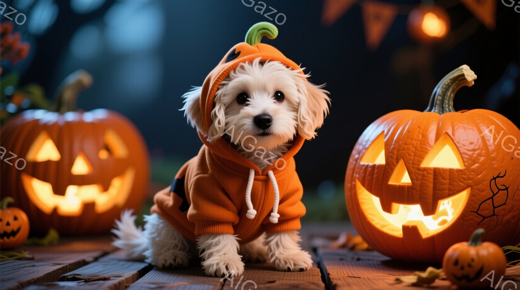 白い毛並みの小型犬が、ハロウィーンのオレンジ色のカボチャの衣装を着ています。犬は木製の板の上に座っており、その周りには様々な大きさのジャック・オ・ランタンが置かれています。全体的に、秋の夜の暖かく、お祝いの雰囲気です。
