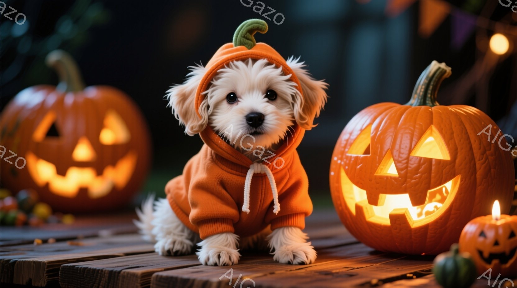 白い毛並みの小さな犬が、ハロウィンのカボチャを模したオレンジ色のパーカーを着て、木製のデッキの上に座っています。犬は前足を揃え、正面を見ており、可愛らしい表情をしています。背景には、彫刻が施された光る - AI生成フリー素材