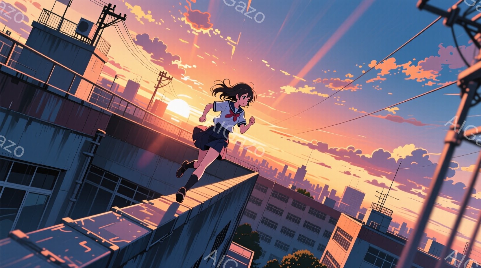 少女は、まるで空を飛んでいるかのように、屋上から屋上へと飛び越えています。彼女は紺色のブレザーに白いシャツ、赤いリボンをつけ、黒いロングヘアをなびかせながら、決意に満ちた表情で前を見据えています。背景 - AI生成フリー素材