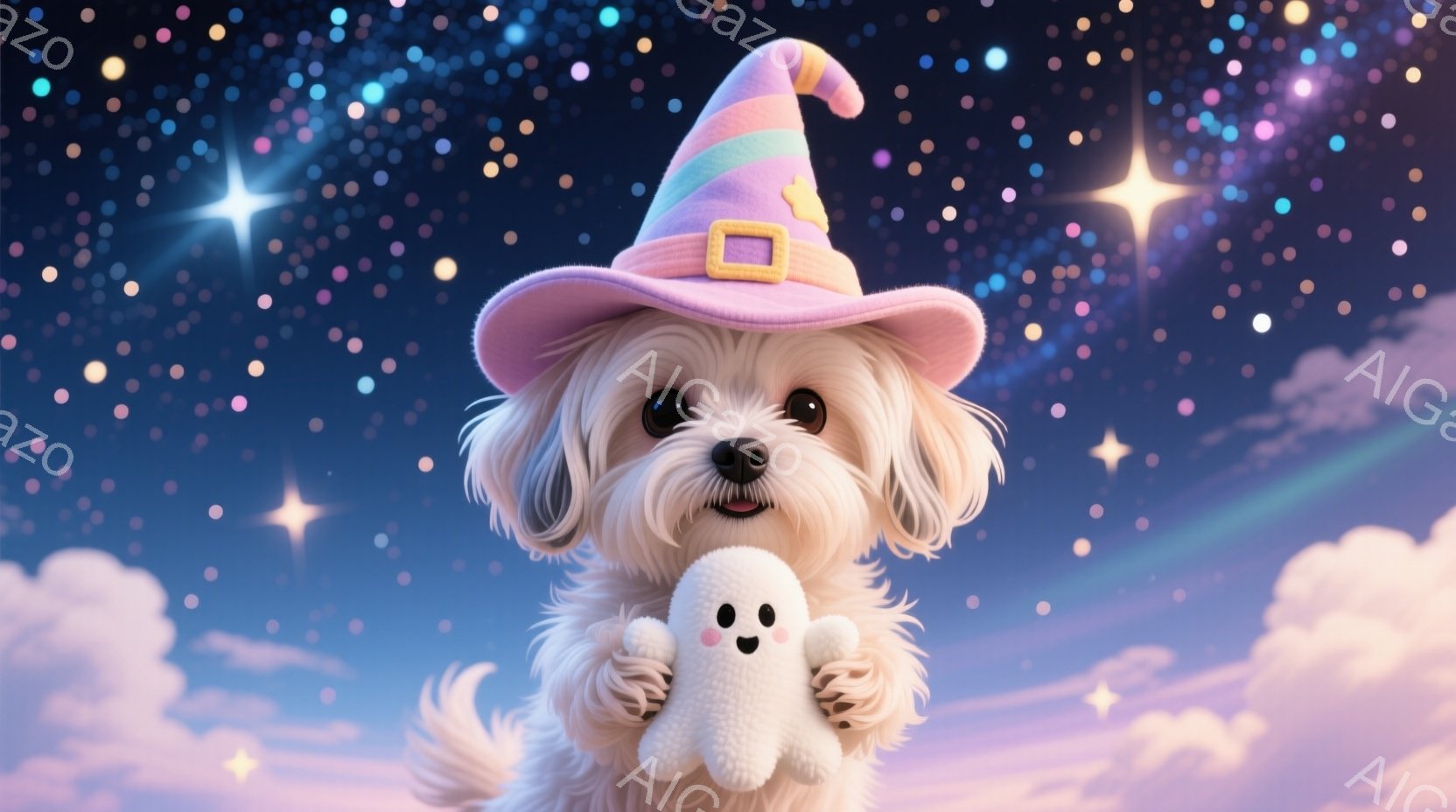 ふわふわの白い毛並みを持つ子犬が、ピンクと紫のストライプが入った魔女帽子をかぶって正面を見つめています。子犬は小さな白い幽霊の人形を抱きしめ、愛らしい表情をしています。背景は夜空をイメージしたグラデー - AI生成フリー素材