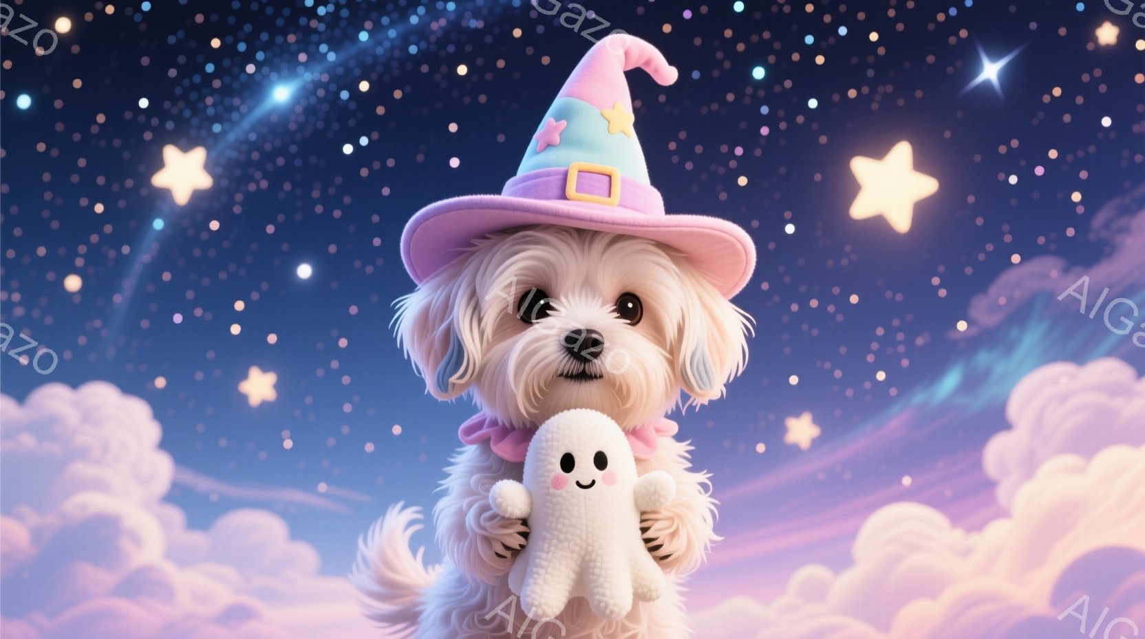 白いふわふわの犬が、ピンクと水色の魔女帽子を被り、小さな白い幽霊のぬいぐるみを抱えています。背景は淡いピンクと紫色の雲と星が輝く夜空で、夢のような幻想的な雰囲気です。犬は大きな瞳でこちらを見つめ、可愛 - AI生成フリー素材