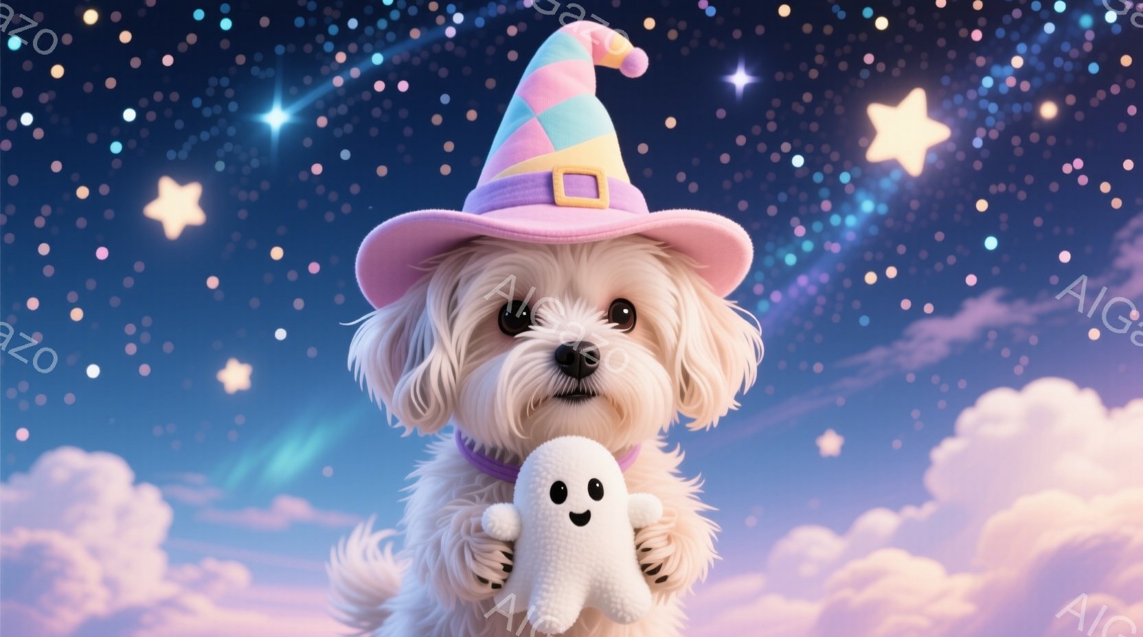 ふわふわの白い毛並みの犬が、ピンクと紫のストライプがかった魔女帽子をかぶって正面を見つめています。犬は両手で小さな白い幽霊のぬいぐるみを抱きしめており、つぶらな瞳は優しく、愛らしい表情をしています。背 - AI生成フリー素材