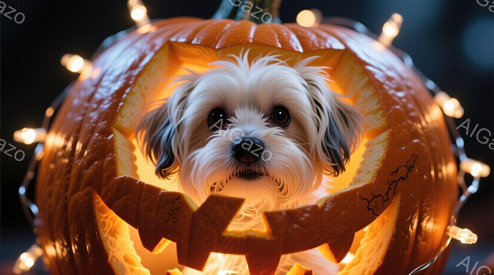白い毛並みでふわふわした犬が、ハロウィーンのくり抜かれたカボチャの中に頭を出しています。犬は少し不安そうに、しかし好奇心旺盛に正面を見つめており、カボチャの明るいオレンジ色が犬の毛並みを際立たせていま - AI生成フリー素材