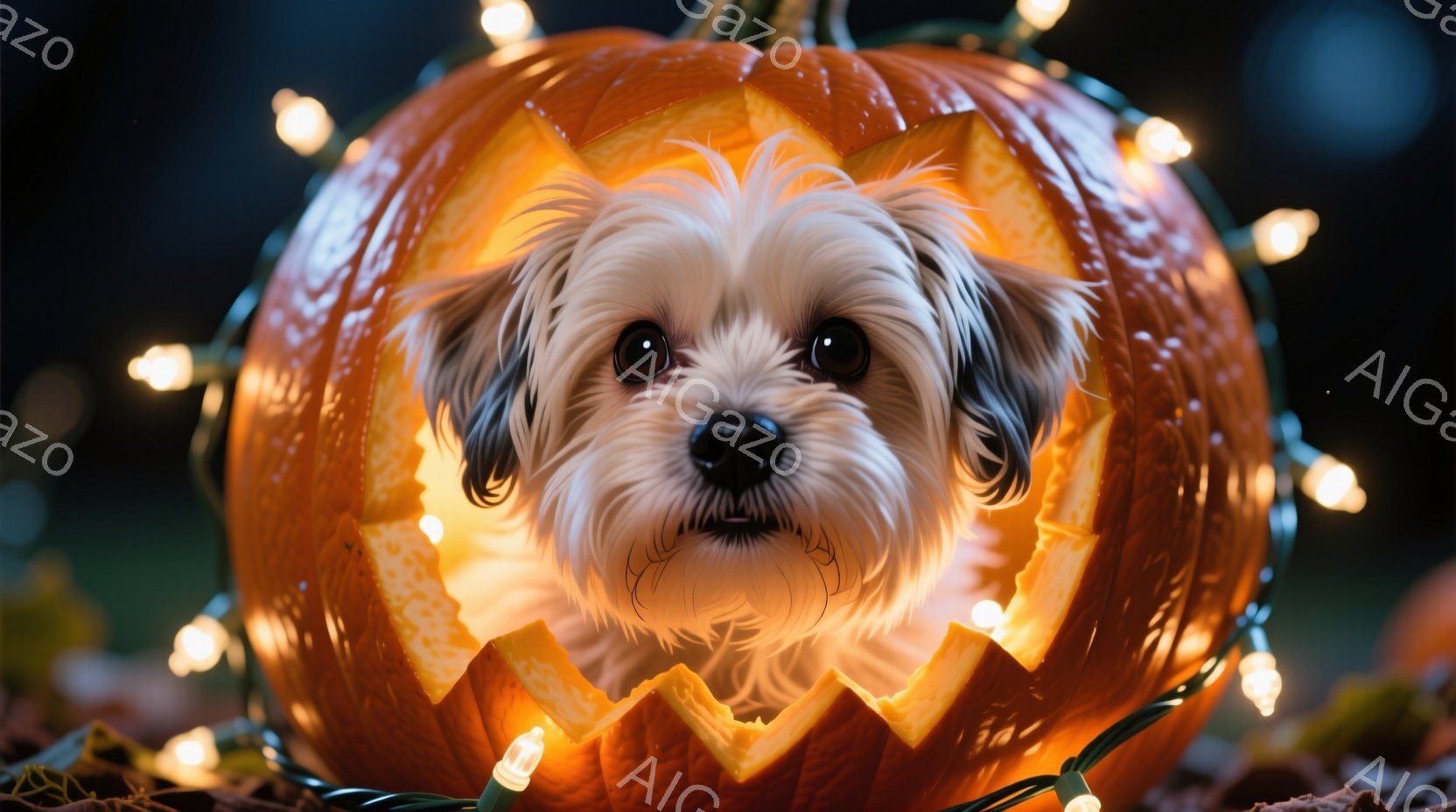 ふわふわの白い毛並みの小型犬が、くり抜かれたオレンジ色のカボチャの中に顔を出しています。犬は少し不安そうな、または驚いたような表情で、カメラの方を見ています。カボチャの周囲には、温かい光を放つ電飾が巻き付けられ、落ち葉が敷かれた背景が秋の雰囲気を醸し出しています。