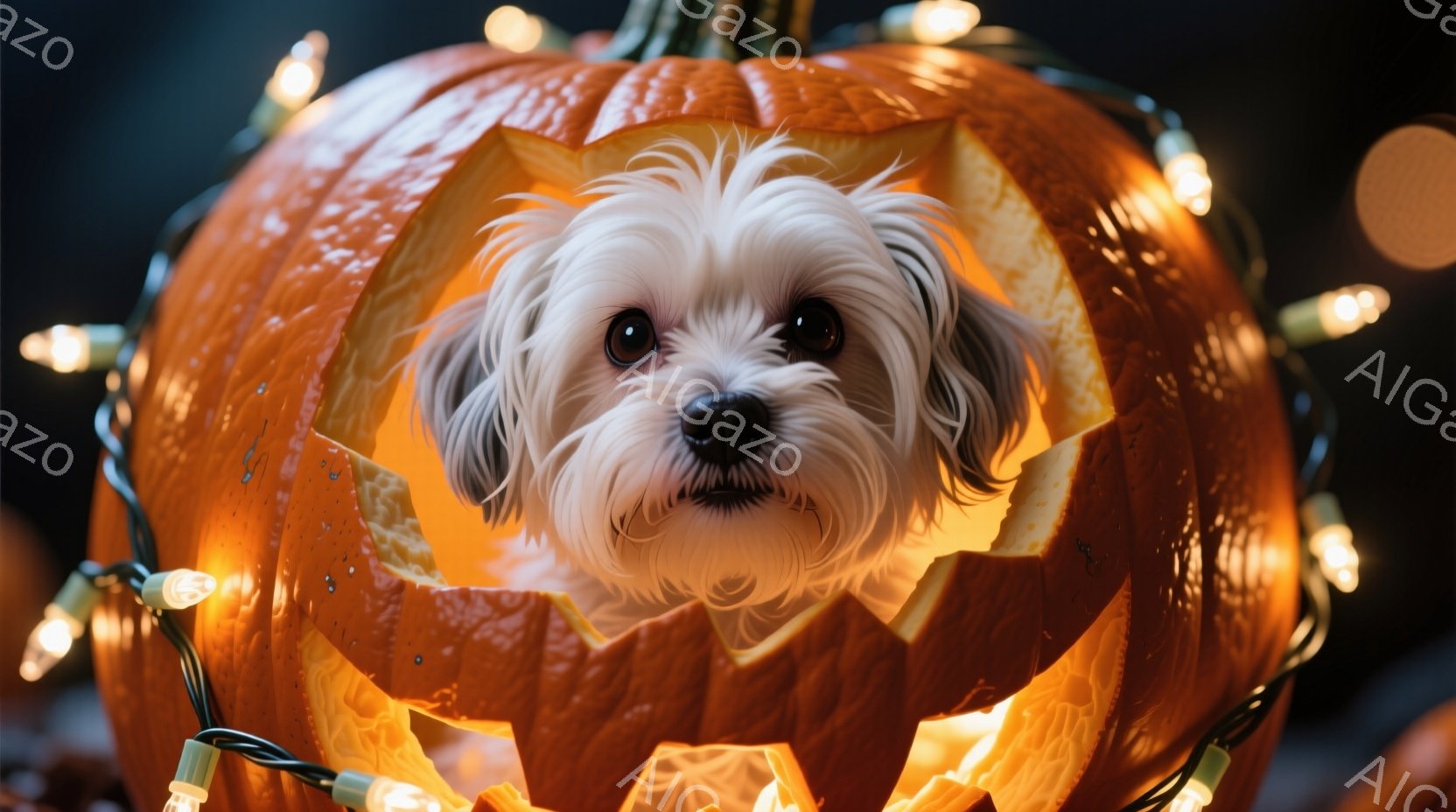 白い毛並みの小型犬が、ハロウィーンのくり抜かれたカボチャの中に頭を出しています。犬は少し不安そうに見えるものの、カメラに向かって穏やかな表情を浮かべています。背景にはオレンジ色の電飾が散りばめられ、お祝いムードを盛り上げています。