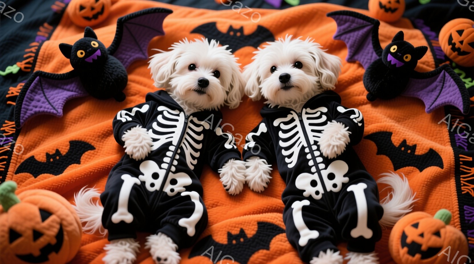 白いマルチーズ犬が2匹、ハロウィーンをテーマにしたオレンジ色の背景に並んで座っています。2匹とも骸骨柄の黒いジャンプスーツを着ており、ふわふわとした毛並みが特徴的で、少し困ったような愛らしい表情をして - AI生成フリー素材