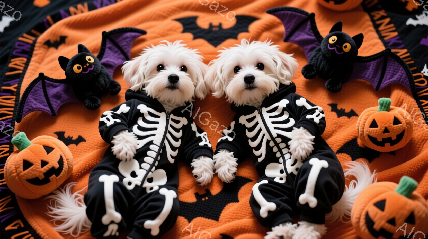 白い毛並みの2匹の小型犬が、ハロウィーンをテーマにした黒い骸骨柄の服を着て、オレンジ色の背景に寝そべっています。犬たちは顔を正面に向けており、ふわふわとした毛並みが特徴的です。背景には、カボチャのぬいぐるみやコウモリの装飾が置かれ、ハロウィーンらしい雰囲気を作り出しています。