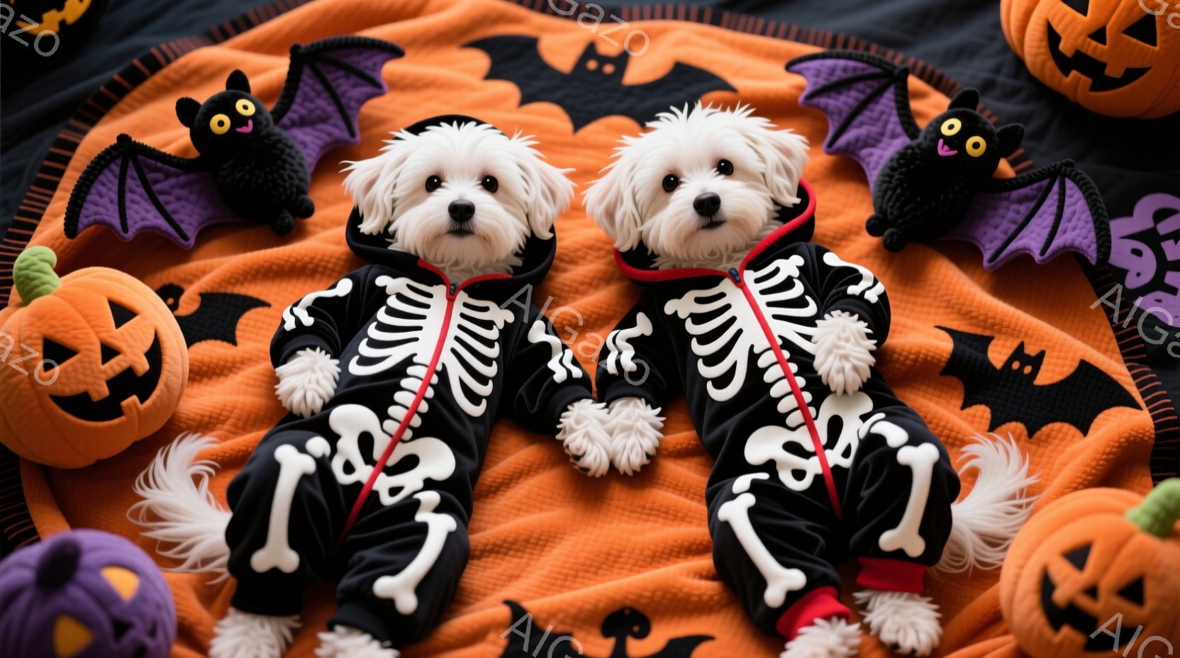 白いマルチーズの犬が2匹、ハロウィーンをテーマにしたオレンジ色の背景に並んで座っています。彼らは骸骨柄の黒いジャンプスーツを着ており、ふわふわの毛並みが特徴的です。周囲には、かぼちゃのランタンやコウモリのぬいぐるみなどが置かれ、ハロウィーンの陽気な雰囲気を醸し出しています。