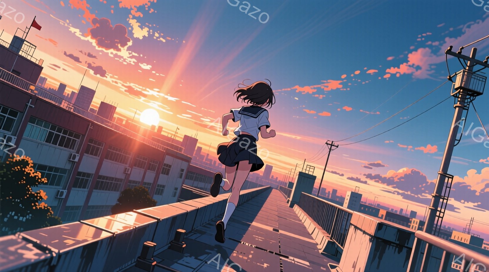 オレンジ色に染まった夕焼け空の下、少女が屋上を走っている。紺色のリボンとブレザー、白いシャツという制服姿で、黒髪を背中で一つに結んでいる。背景には、多くの建物が並び、遠くには夕焼けに照らされた都市の風景が広がり、希望と少しの切なさを感じさせる。