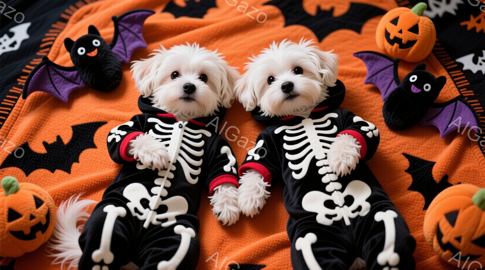 白い毛並みの小型犬が、ハロウィーンをテーマにした黒いスケルトン柄の衣装を着ています。犬たちは寄り添って座っており、少し緊張したような、あるいは可愛らしい表情をしています。背景には、オレンジ色の布にカボチャやコウモリのモチーフが散りばめられており、ハロウィーンの楽しい雰囲気を盛り上げています。
