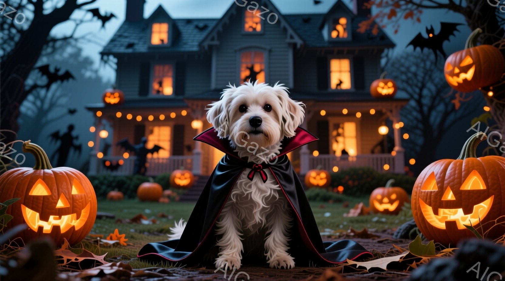 白い毛並みの犬が、ハロウィーン用の黒いマントを羽織って正面を向いて座っています。背景には、ジャック・オー・ランタンで飾られた薄暗い家と、枯葉が散らばる庭があり、ハロウィーンの夜の不気味な雰囲気を醸し出 - AI生成フリー素材