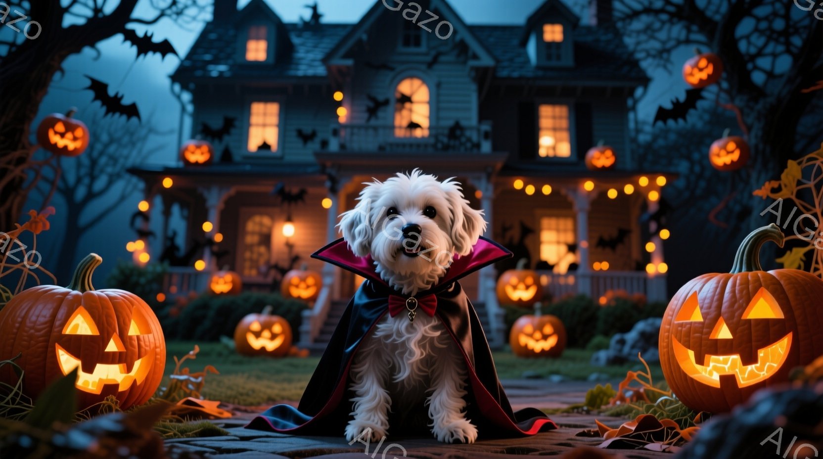 白い毛並みの小型犬が、ハロウィーンをテーマにした衣装を着て正面を見つめている。黒いマントと蝶ネクタイを身に着け、ちょっぴりお茶目な表情を浮かべている。背景には、ジャック・オ・ランタンで飾られた古い屋敷がそびえ立ち、夜空にはコウモリが舞い、ハロウィーンの不気味で楽しい雰囲気を醸し出している。