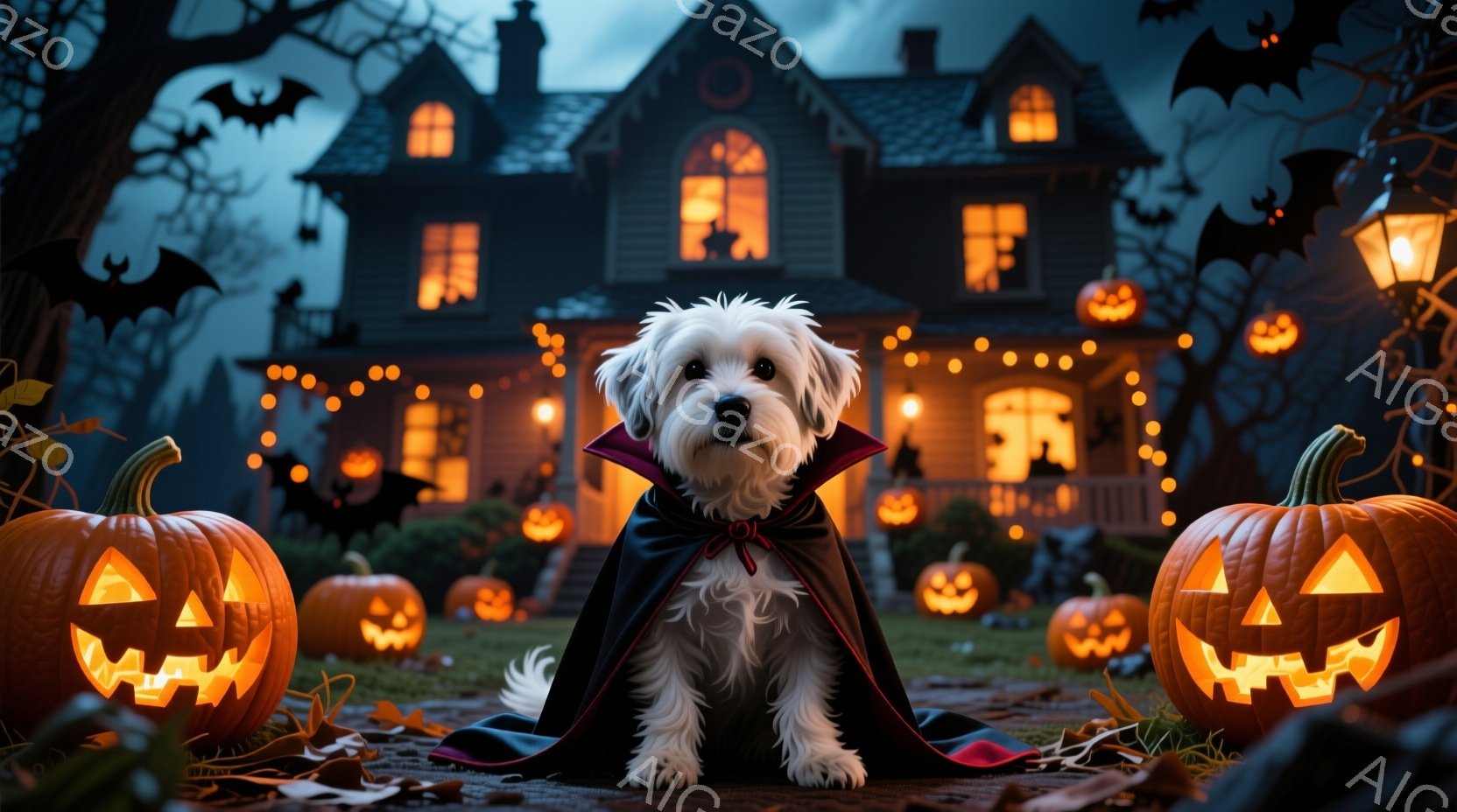 「ハロウィン」をテーマとしたスタイリッシュな写真です。主要な飼い主は小型犬（可能にはBichon Frise）で、彼は屋根から滑り降りるような白い雲の上に座っています。犬はドッグコートを着ており、それと同じくらいに大きい口袋で囲まれています。その横には、ハロウィンの要素がたくさんあります：屋台の前には大きなオークンを模したパンプキンが燃え、その後ろでは真っ白な夜空と曙光が見られます。最後に、主要な建物は老いた家屋で、各窓にはドリームシンドロームが取り付けられており、その前には踊る人形が置かれています。 この写真の全体的な雰囲気は、クリエイティブでスタイリッシュであり、ハロウィンの独特な慌ただしさを表しています。